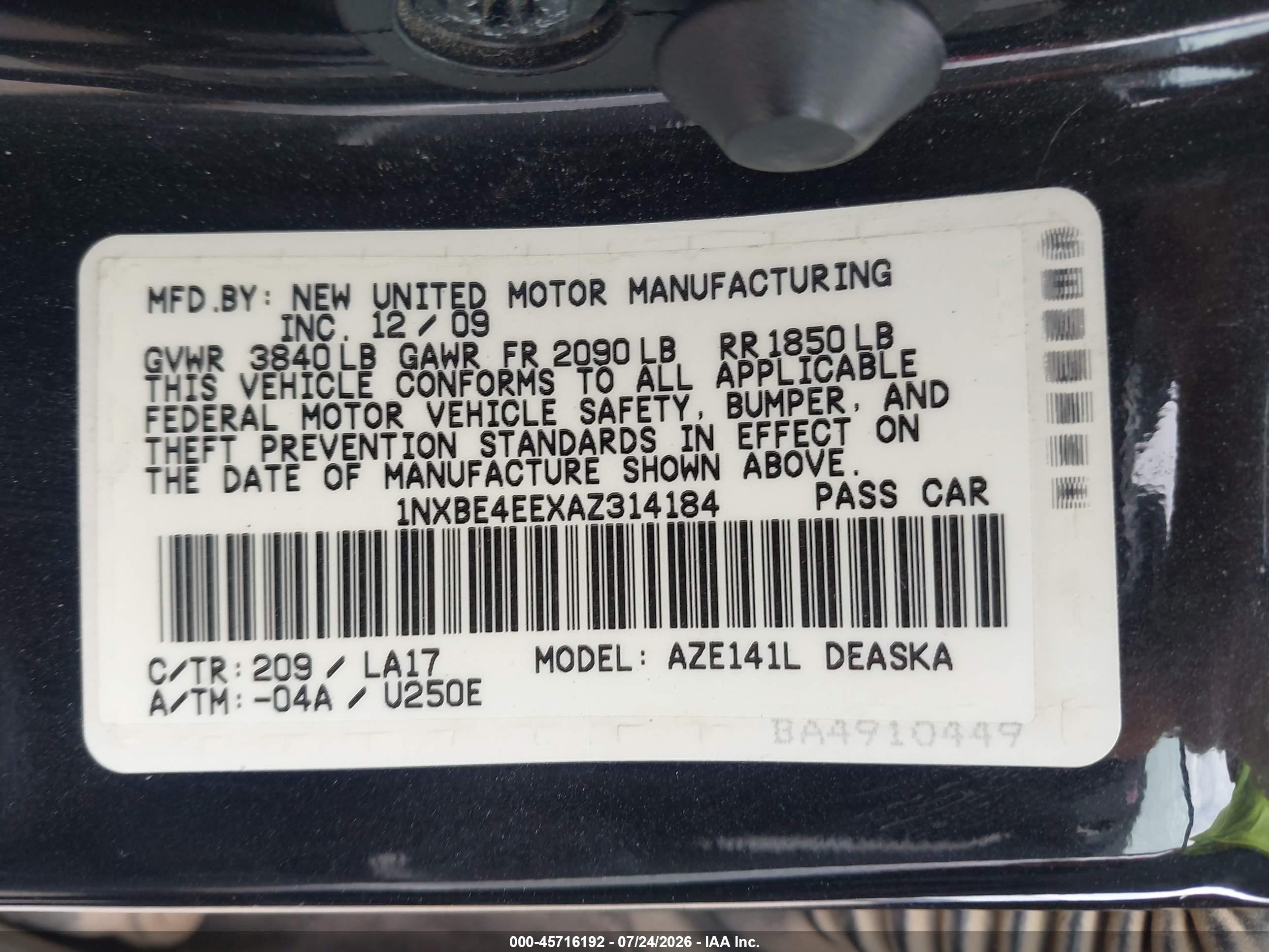 2010 Toyota Corolla Xrs Black vin: 1NXBE4EEXAZ314184