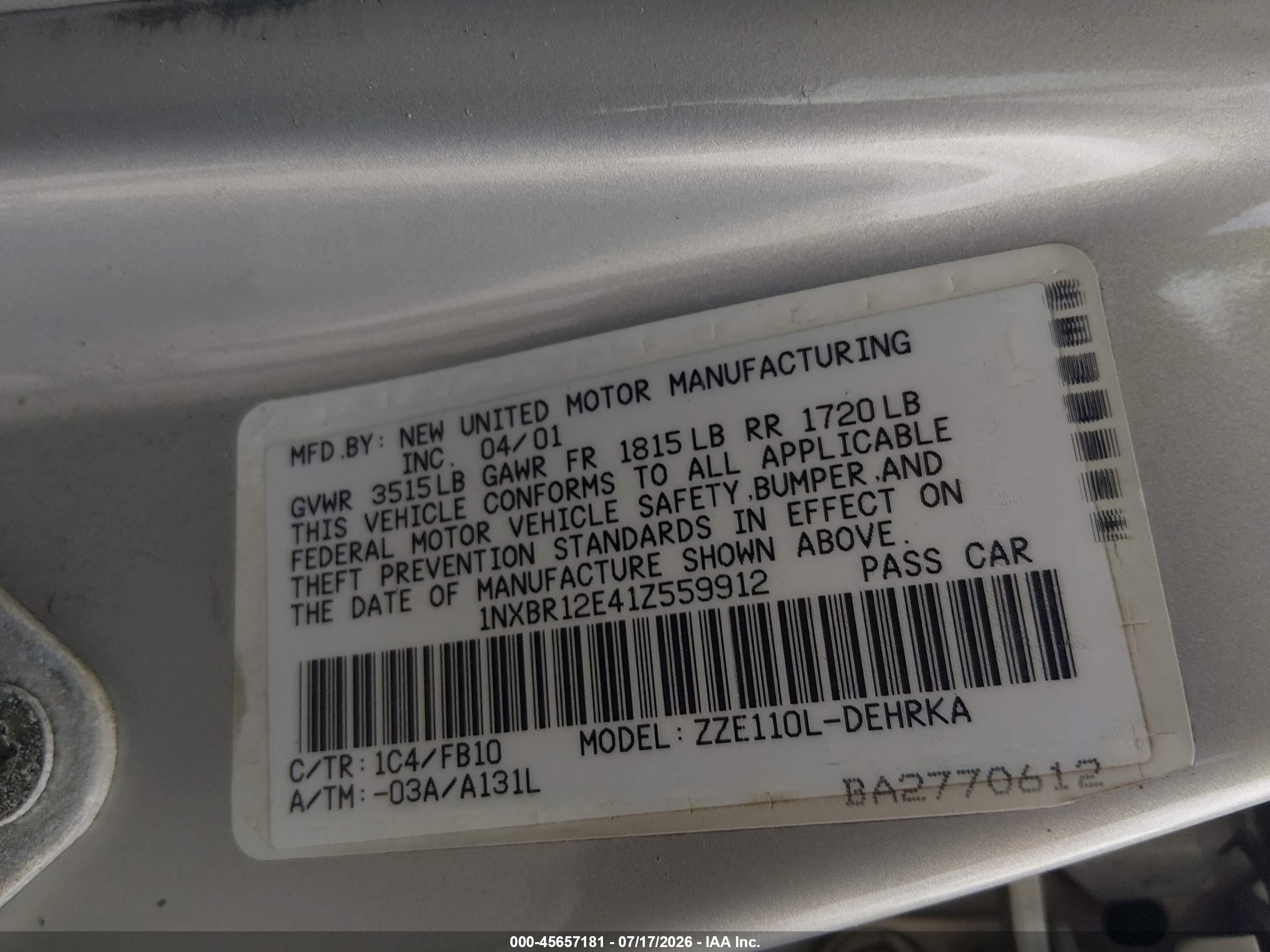 2001 Toyota Corolla Ce Gray vin: 1NXBR12E41Z559912