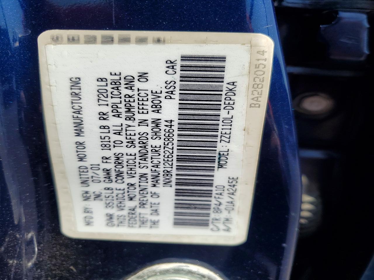 2002 Toyota Corolla Sedan 2wd Blue vin: 1NXBR12E62Z586644