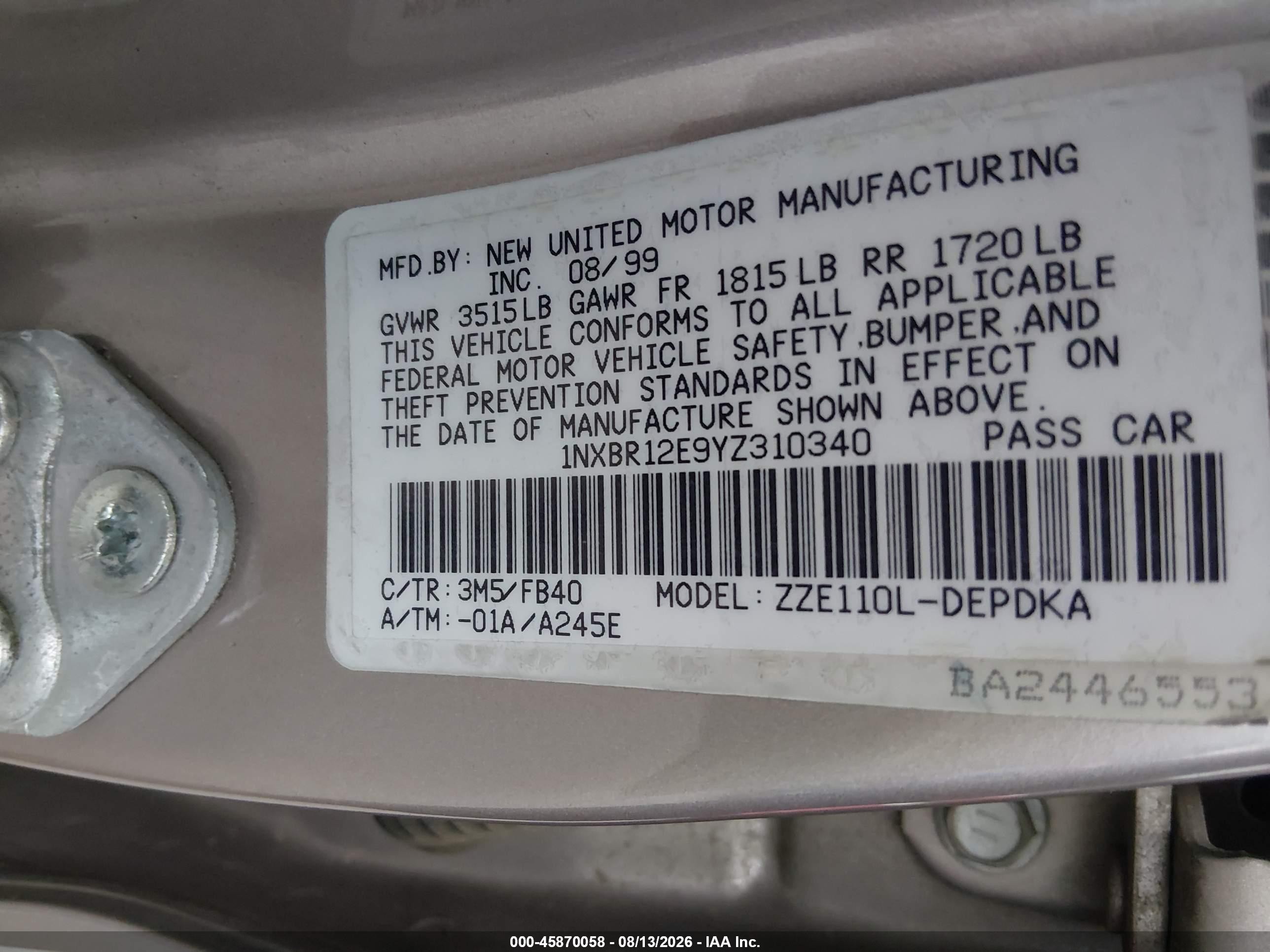 2000 Toyota Corolla Ce Gold vin: 1NXBR12E9YZ310340