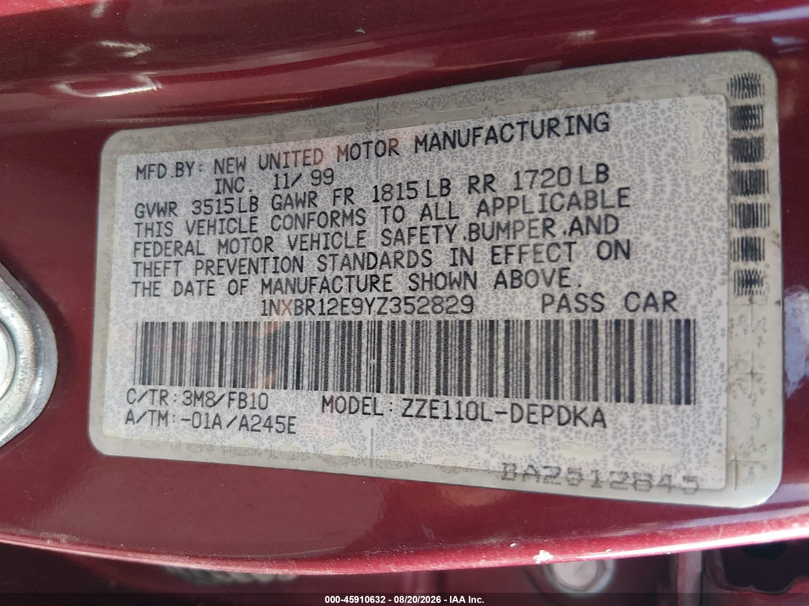 2000 Toyota Corolla Ce Red vin: 1NXBR12E9YZ352829