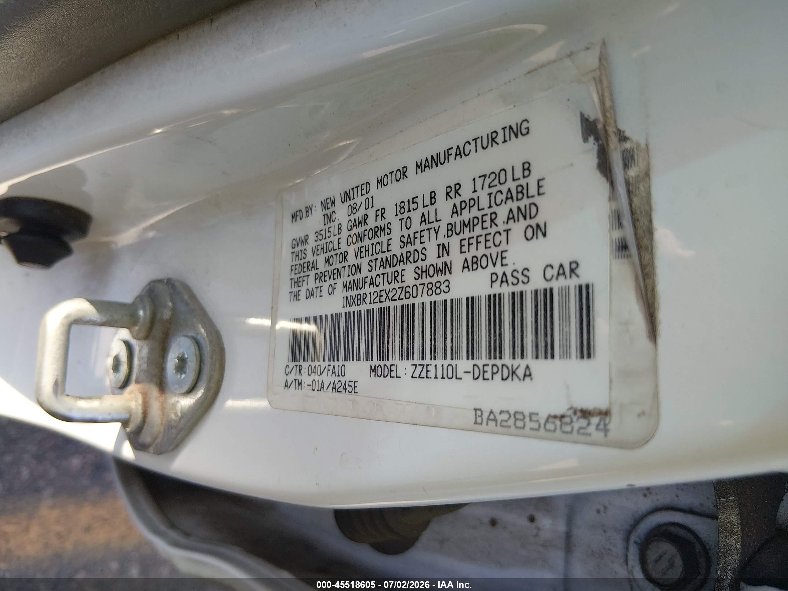 2002 Toyota Corolla Le White vin: 1NXBR12EX2Z607883