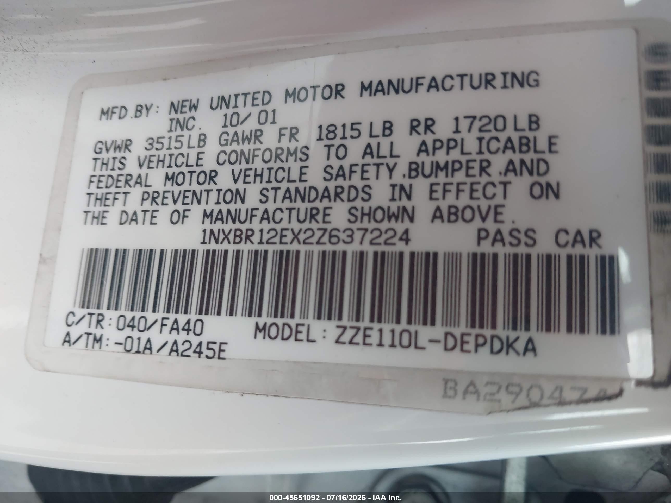 2002 Toyota Corolla Le White vin: 1NXBR12EX2Z637224