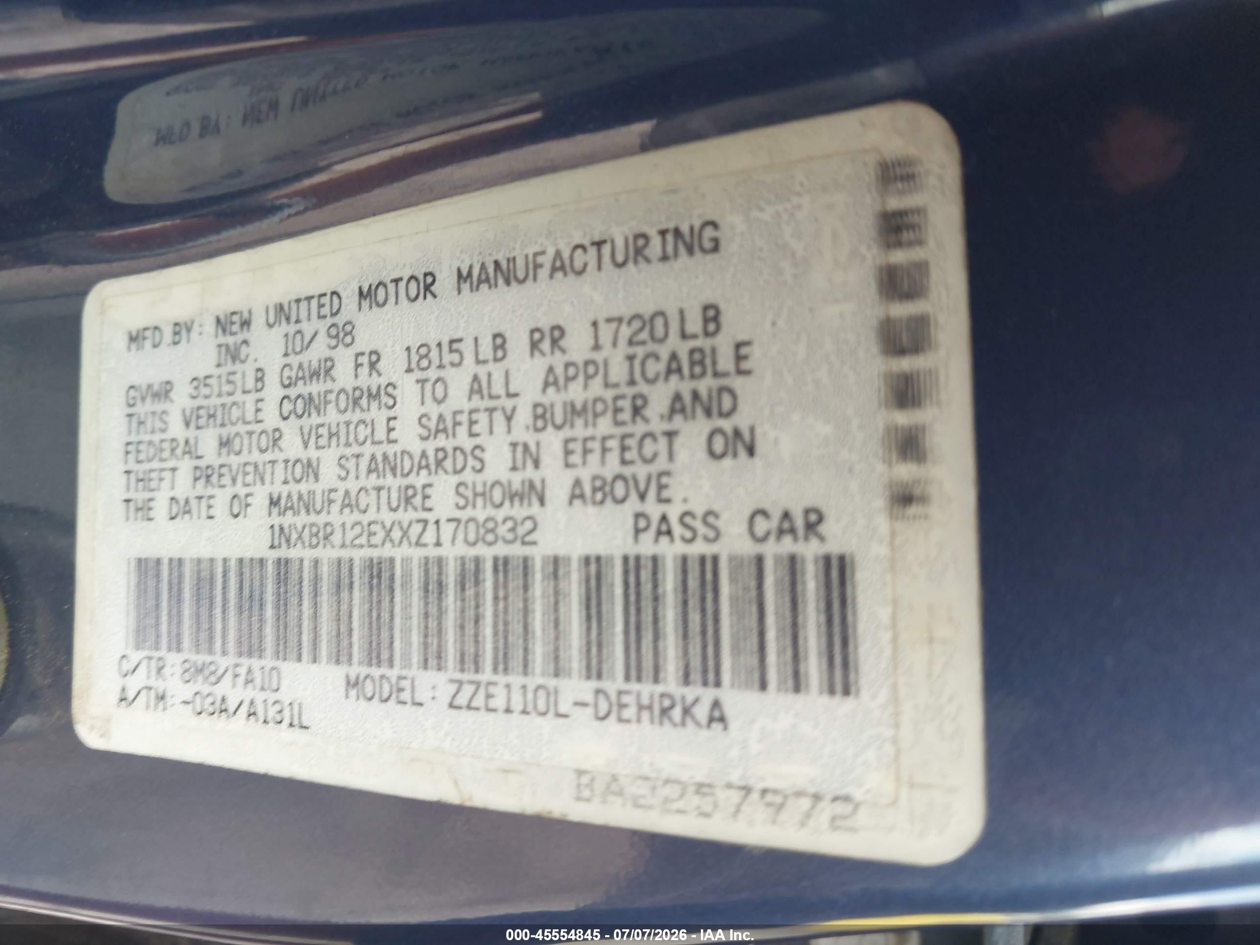 1999 Toyota Corolla Ve/ce/le Blue vin: 1NXBR12EXXZ170832