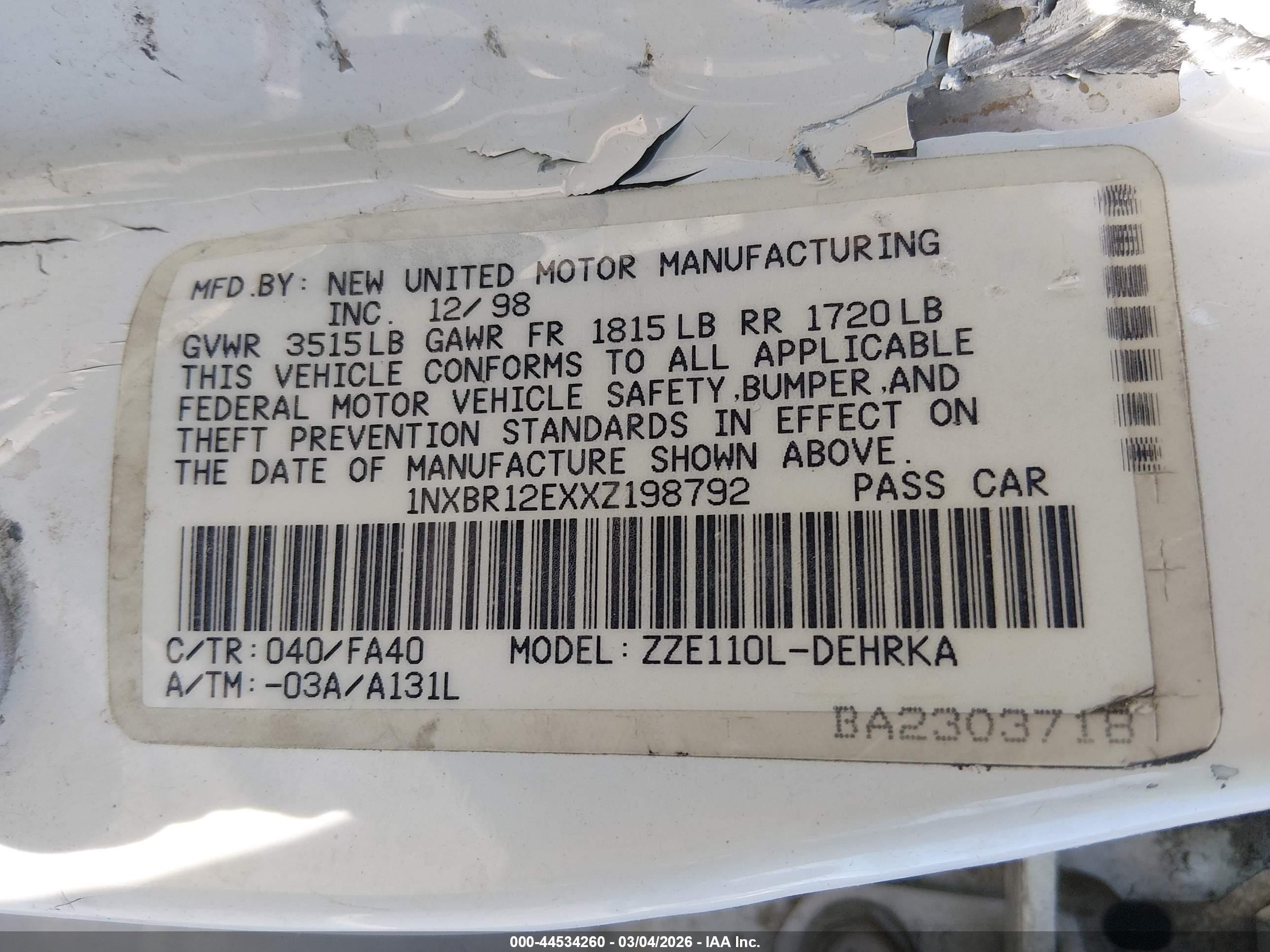 1999 Toyota Corolla Ve White vin: 1NXBR12EXXZ198792