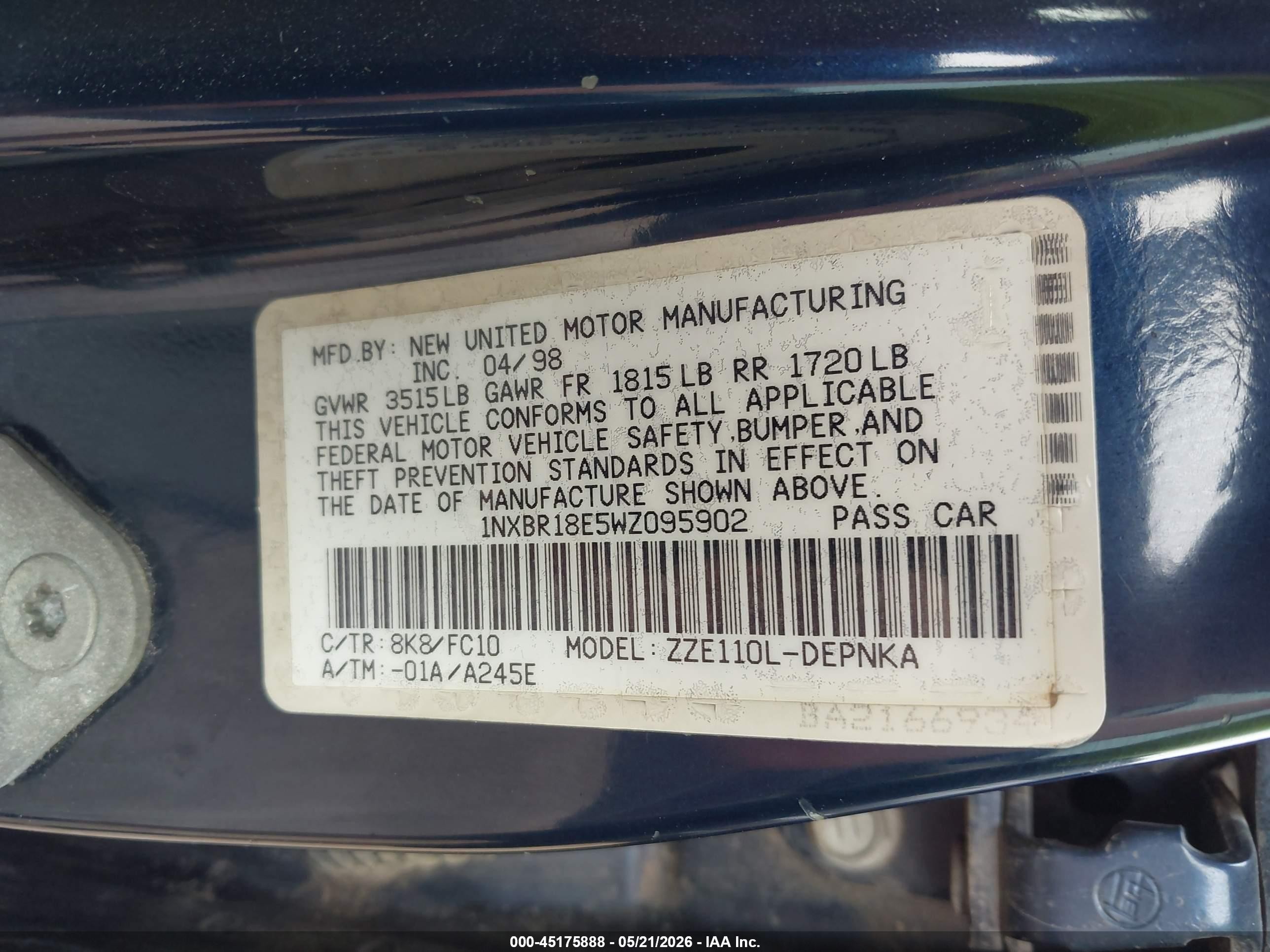 1998 Toyota Corolla Le Blue vin: 1NXBR18E5WZ095902