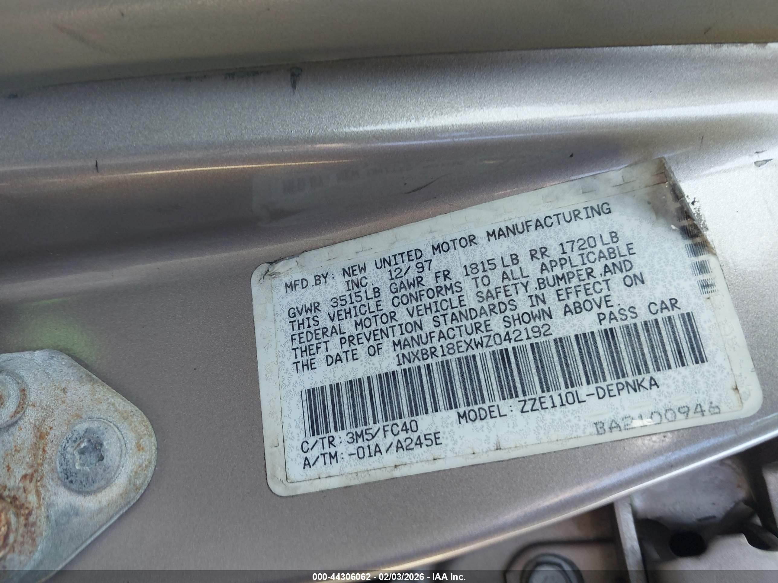 1998 Toyota Corolla Le Tan vin: 1NXBR18EXWZ042192