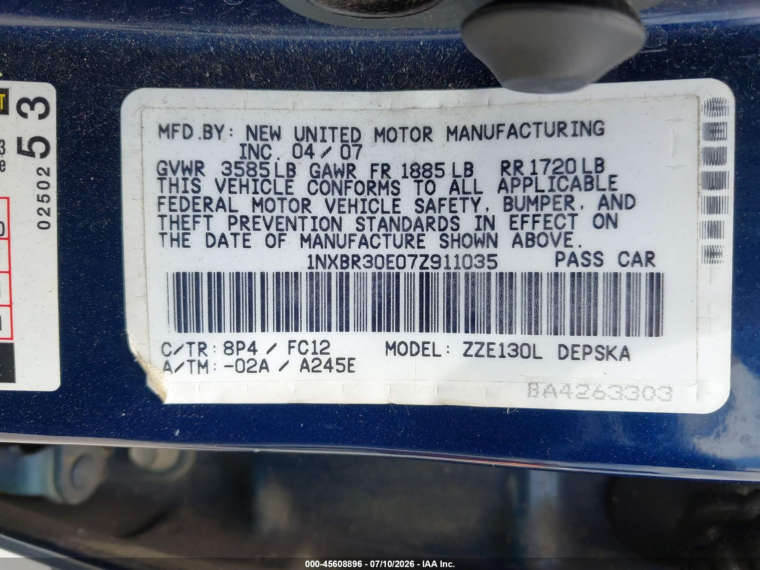 2007 Toyota Corolla S Blue vin: 1NXBR30E07Z911035