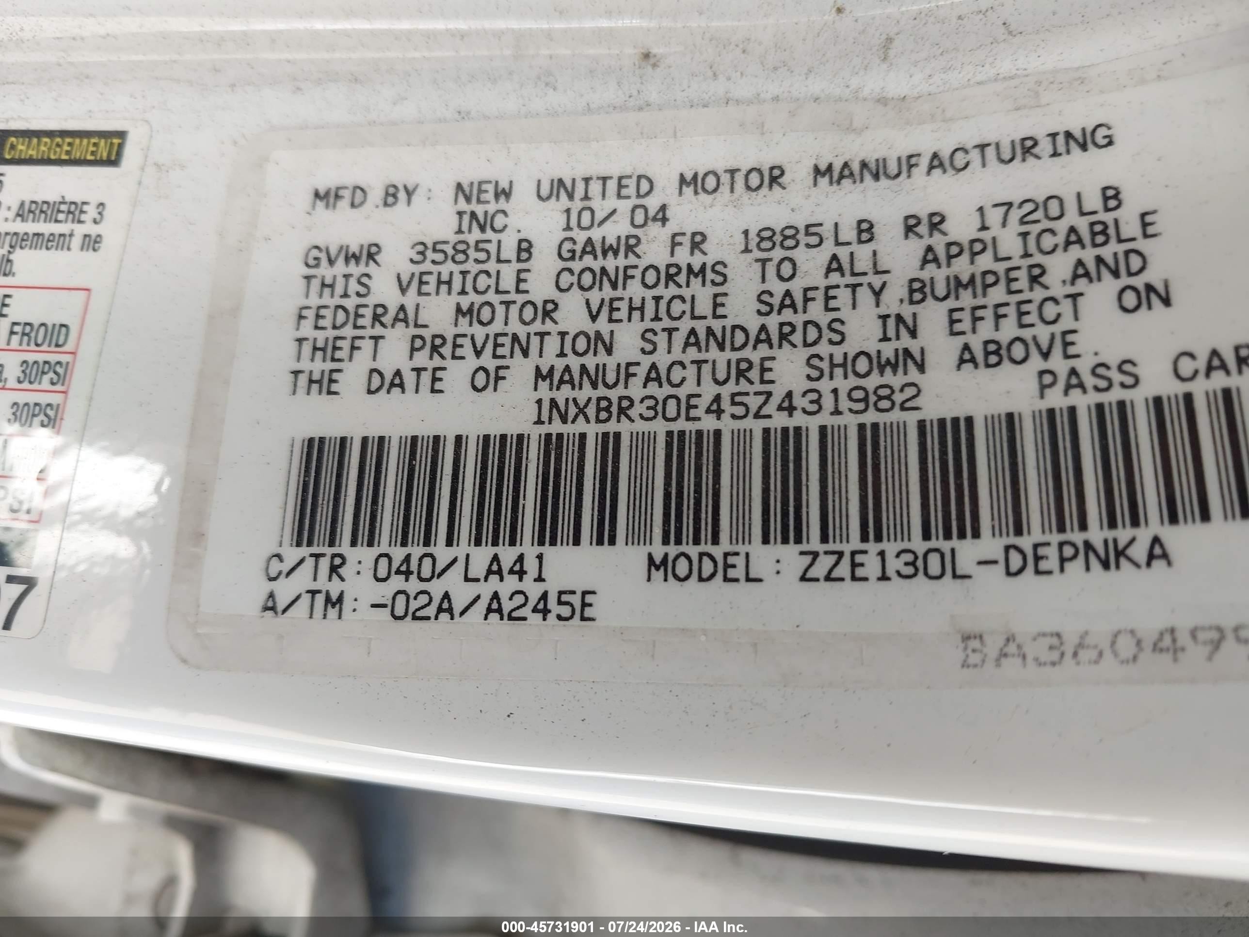 2005 Toyota Corolla Le White vin: 1NXBR30E45Z431982