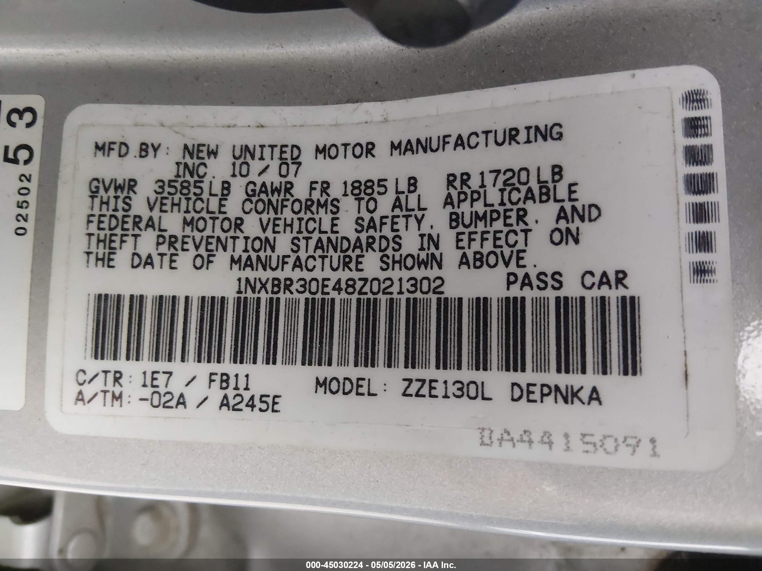 2008 Toyota Corolla Le Silver vin: 1NXBR30E48Z021302