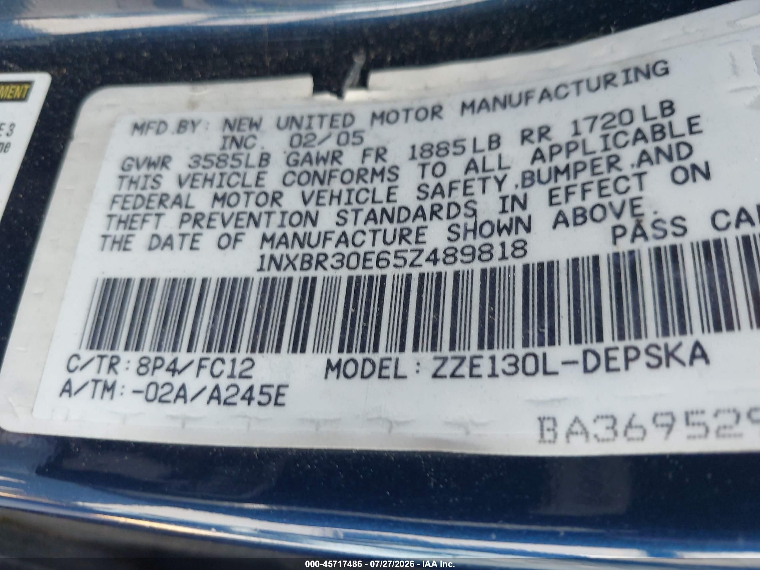 2005 Toyota Corolla S Blue vin: 1NXBR30E65Z489818