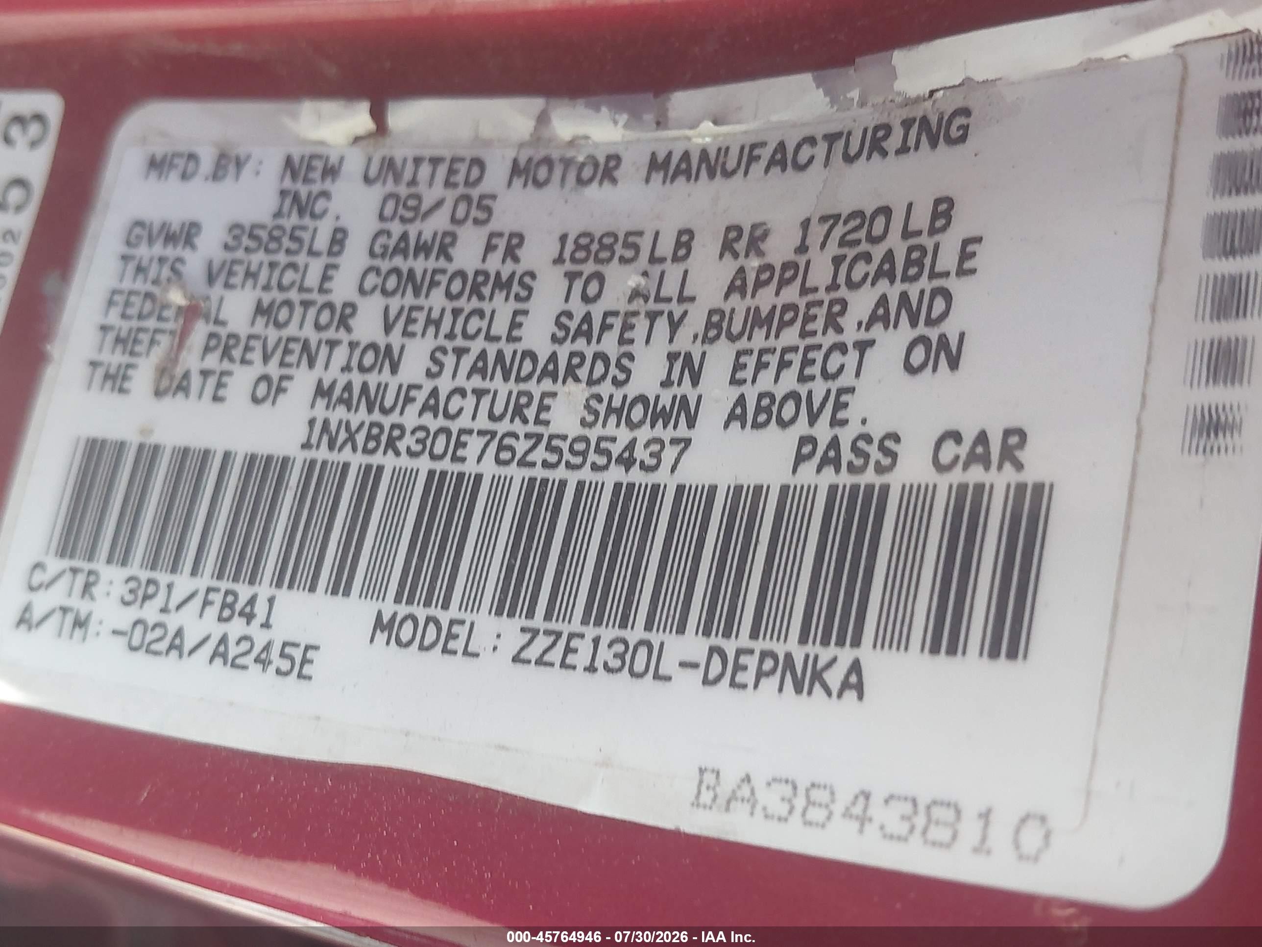 2006 Toyota Corolla Le Бордовый vin: 1NXBR30E76Z595437