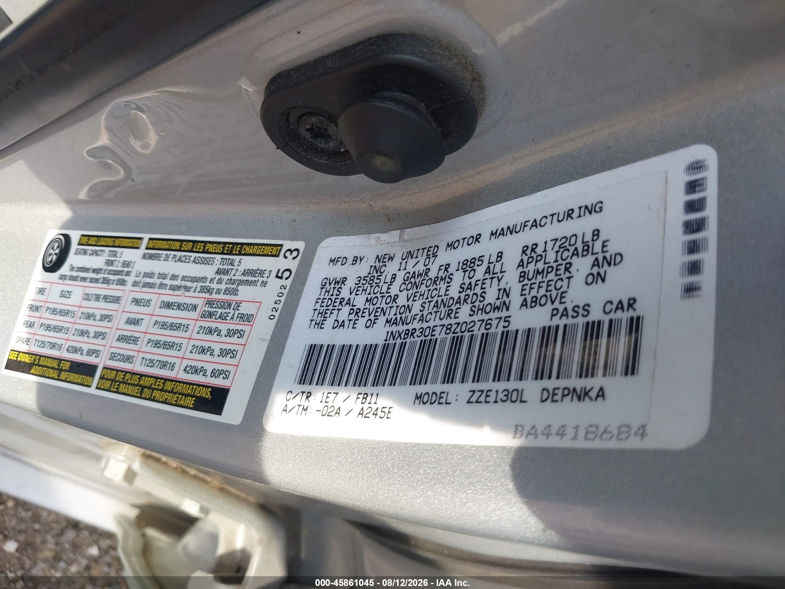 2008 Toyota Corolla Le Silver vin: 1NXBR30E78Z027675