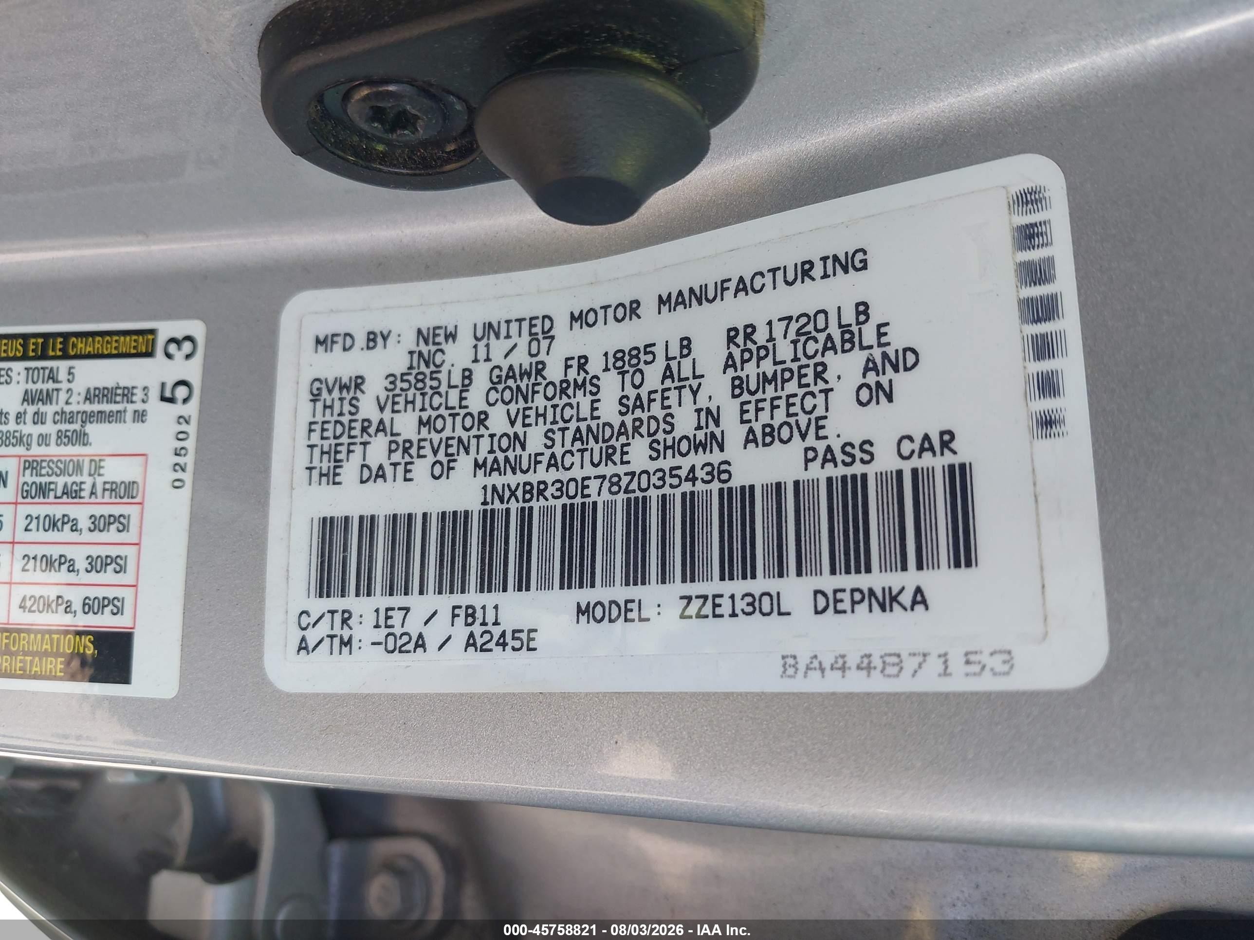 2008 Toyota Corolla Le Серебряный vin: 1NXBR30E78Z035436