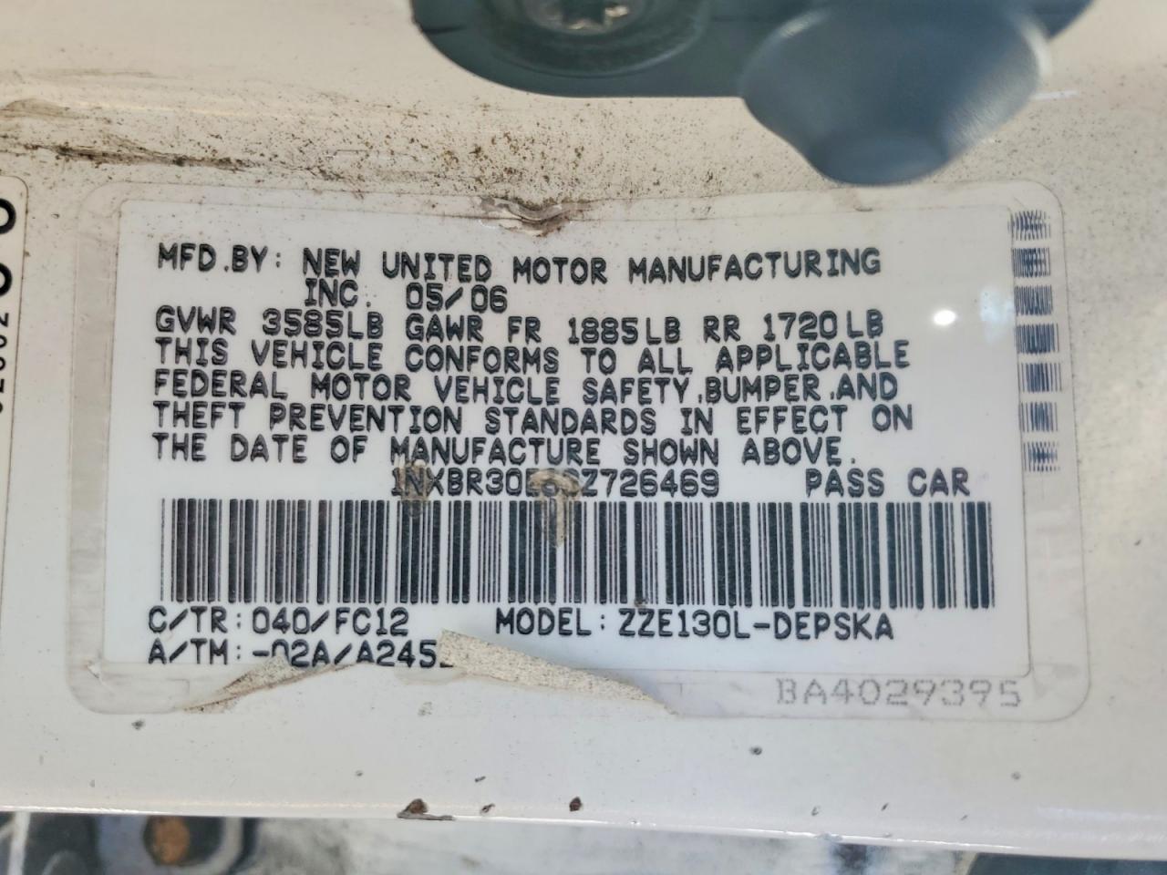 2006 Toyota Corolla S White vin: 1NXBR30E86Z726469