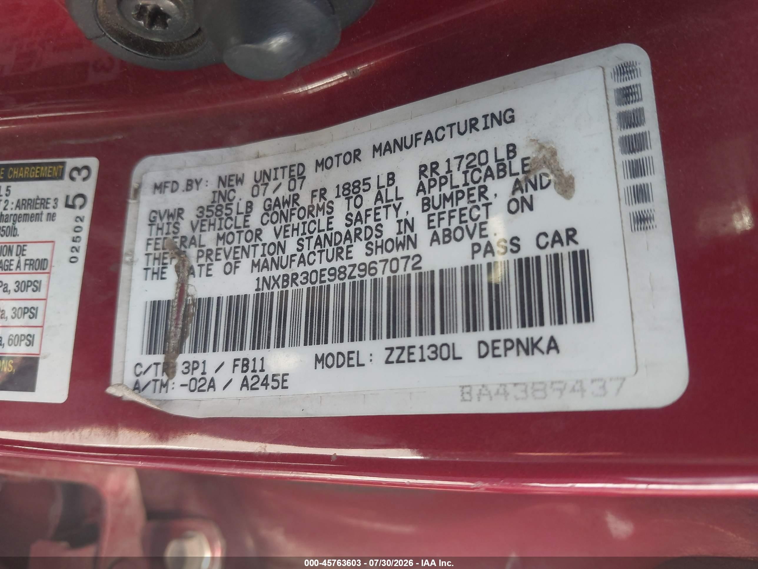 2008 Toyota Corolla Le Red vin: 1NXBR30E98Z967072
