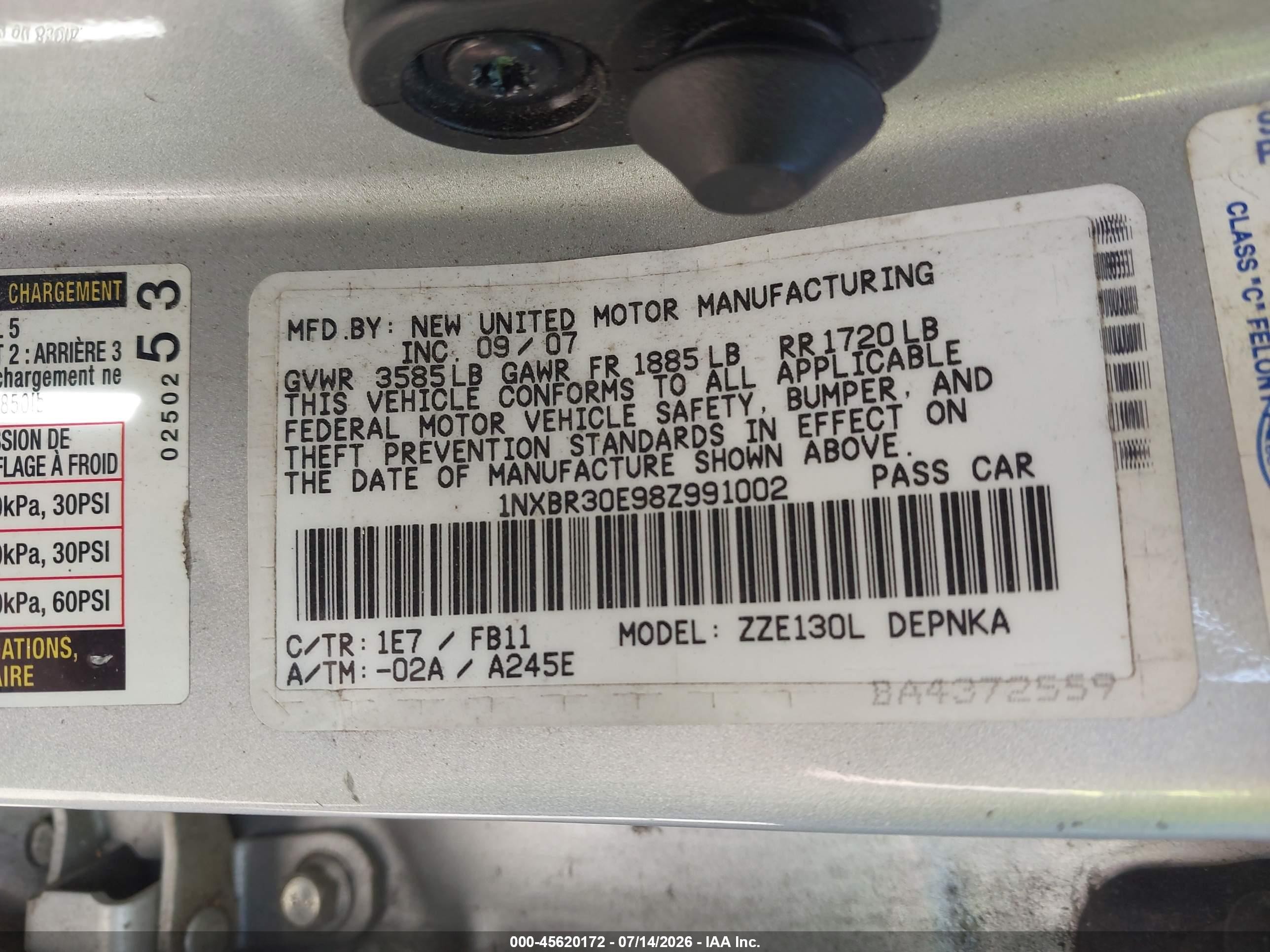 2008 Toyota Corolla Le Silver vin: 1NXBR30E98Z991002