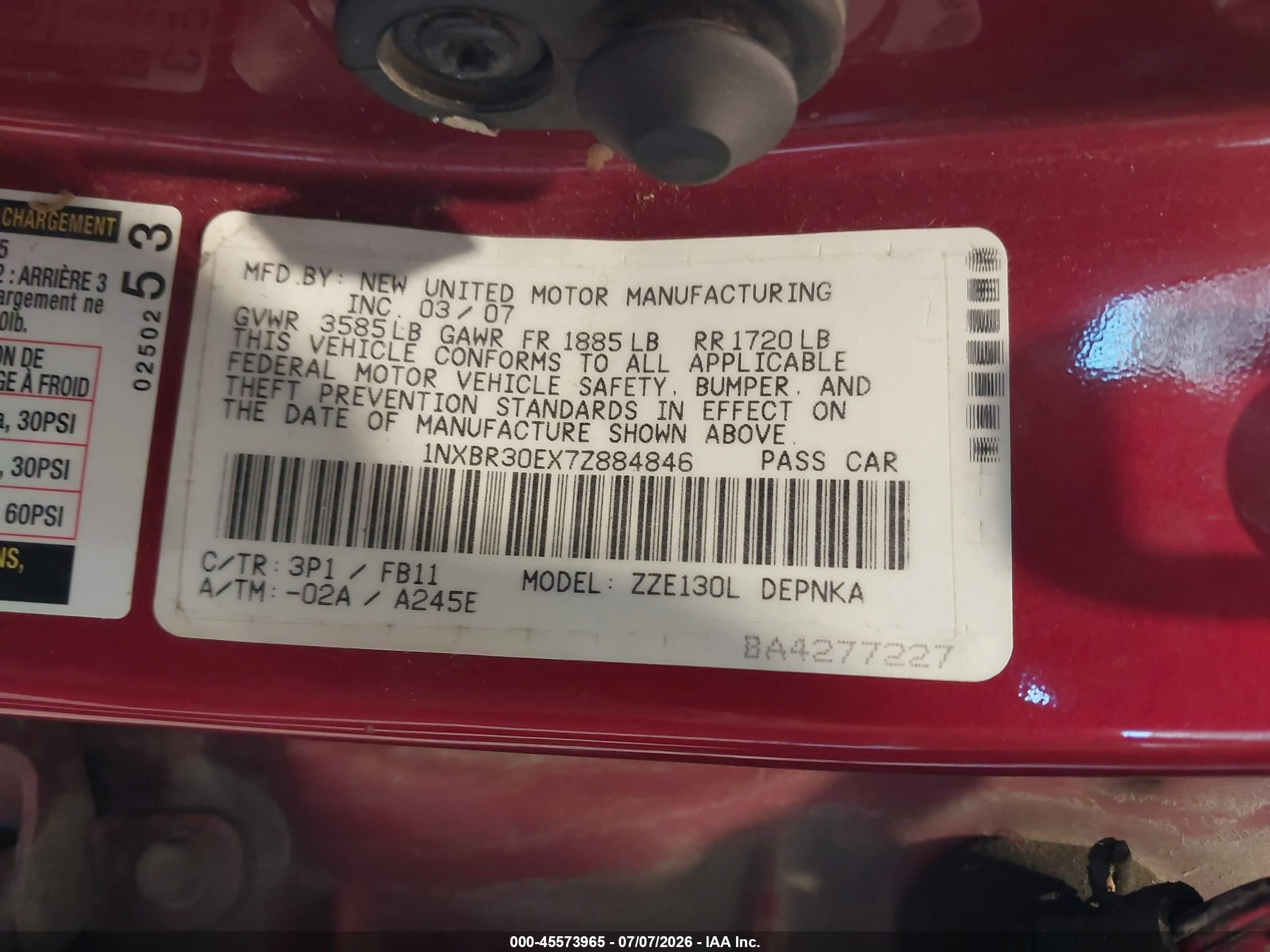 2007 Toyota Corolla Le Red vin: 1NXBR30EX7Z884846