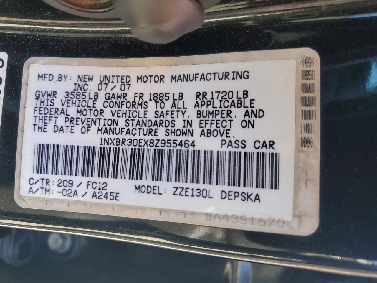 2008 Toyota Corolla S Black vin: 1NXBR30EX8Z955464