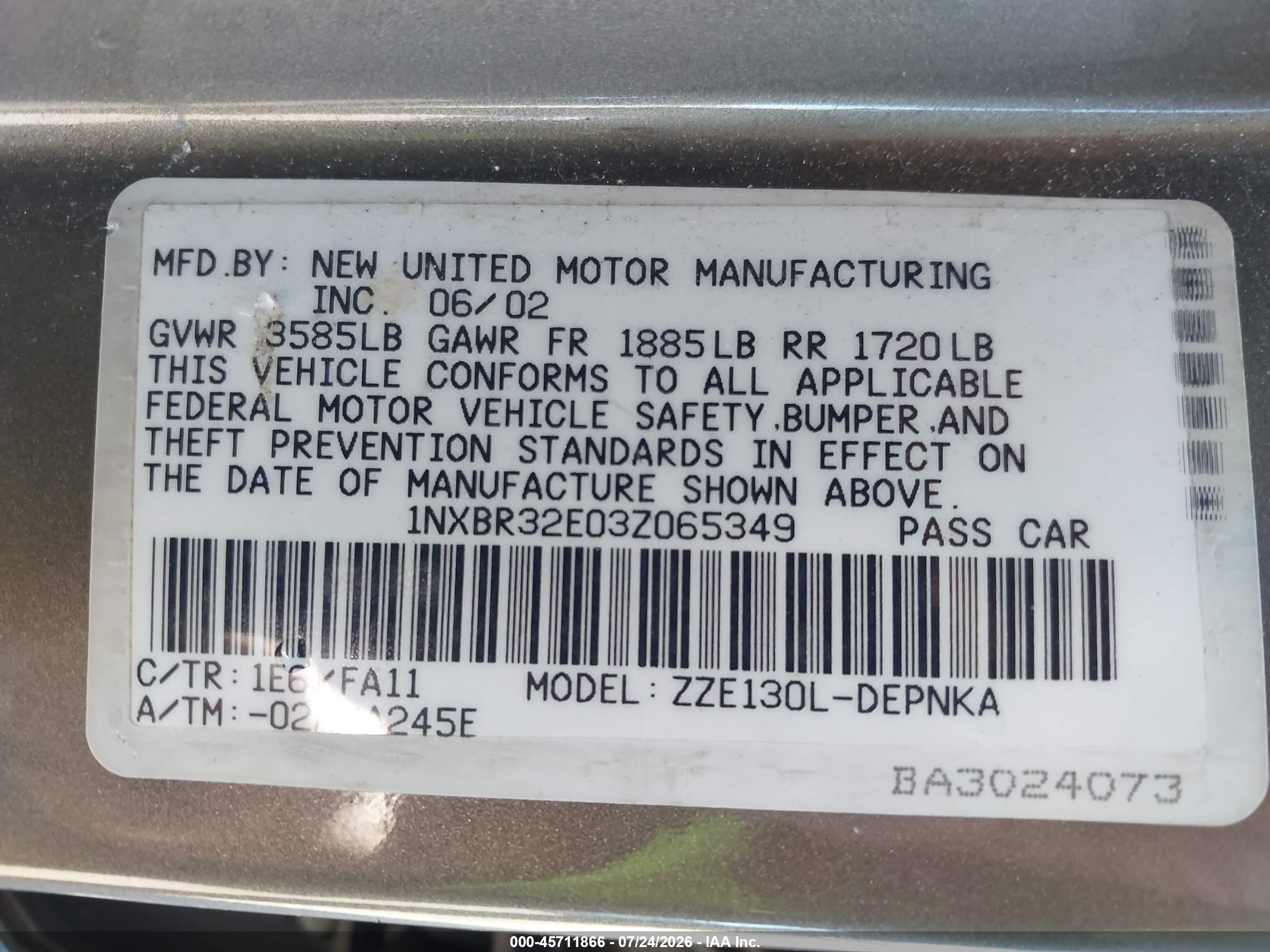 2003 Toyota Corolla Le Gray vin: 1NXBR32E03Z065349
