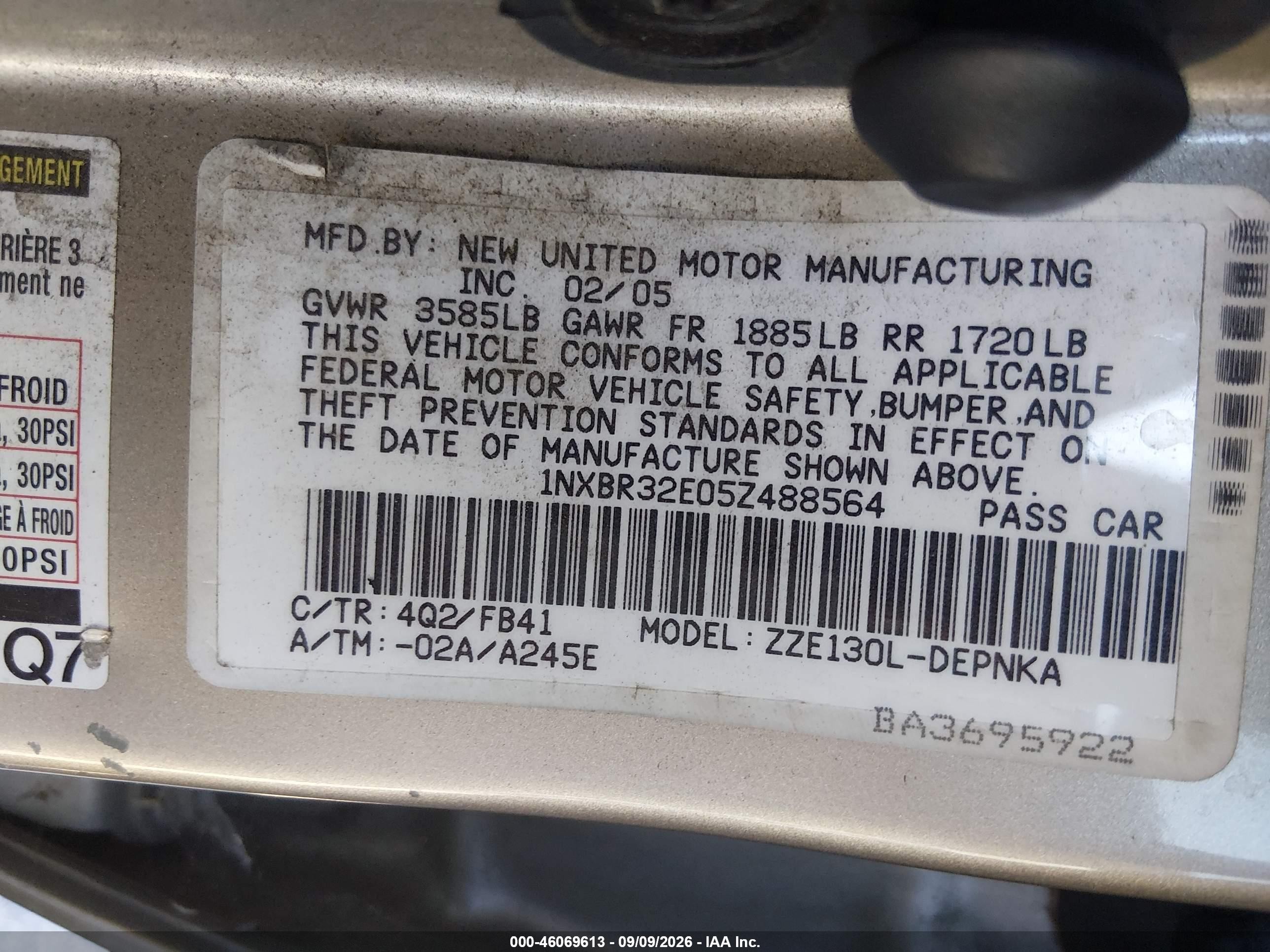 2005 Toyota Corolla Le Champagne vin: 1NXBR32E05Z488564