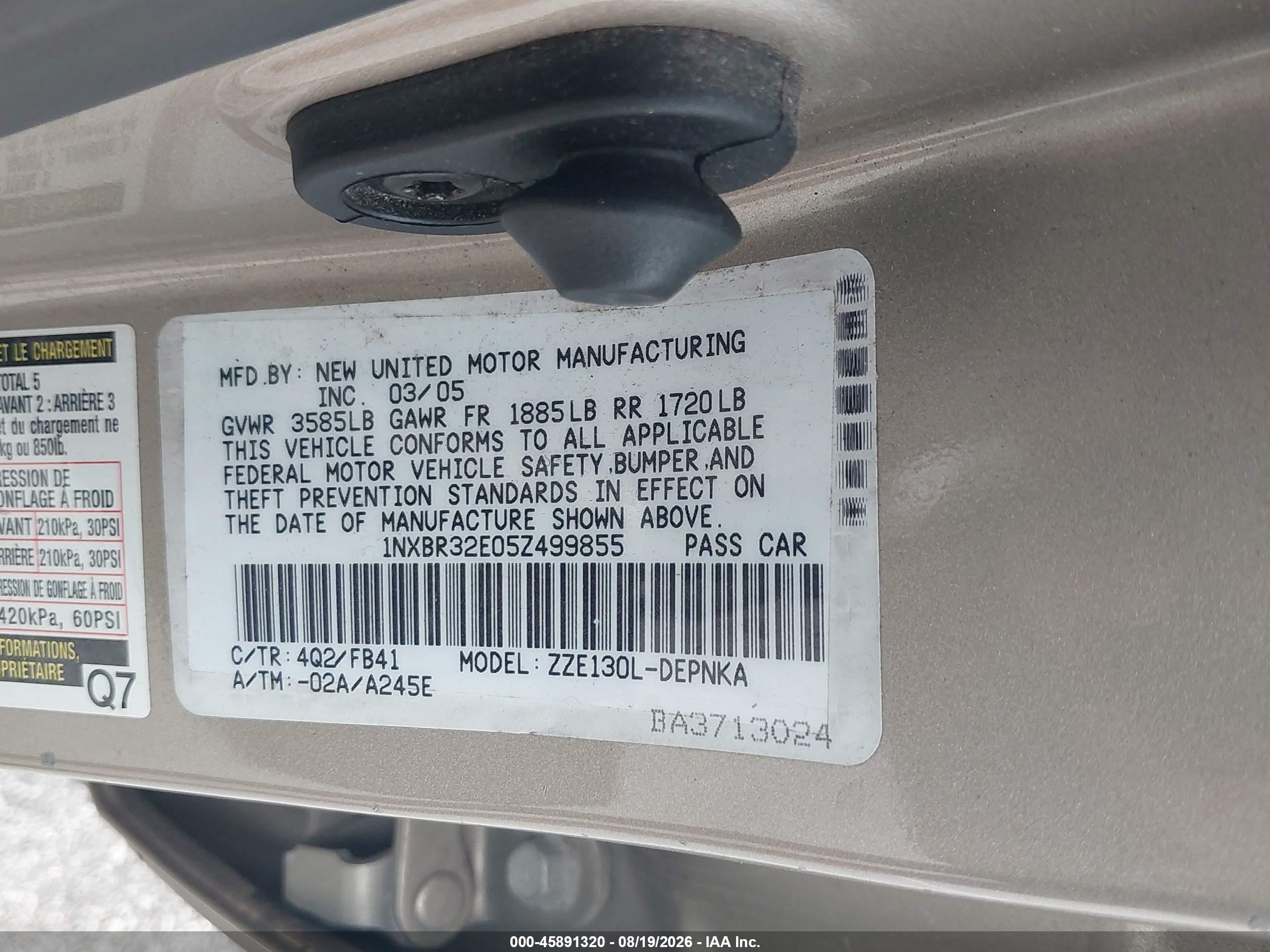 2005 Toyota Corolla Le Gold vin: 1NXBR32E05Z499855
