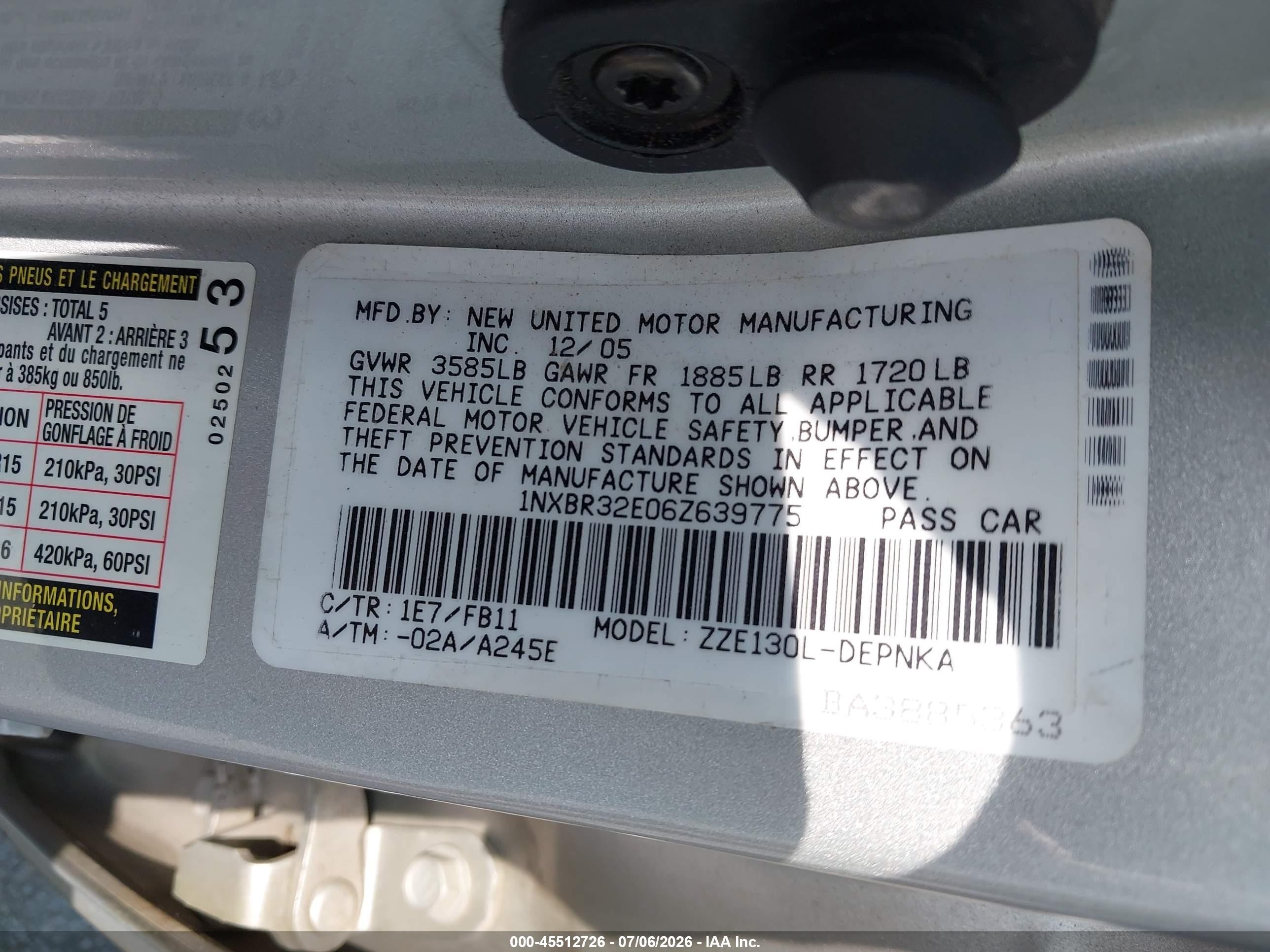 2006 Toyota Corolla Le Silver vin: 1NXBR32E06Z639775