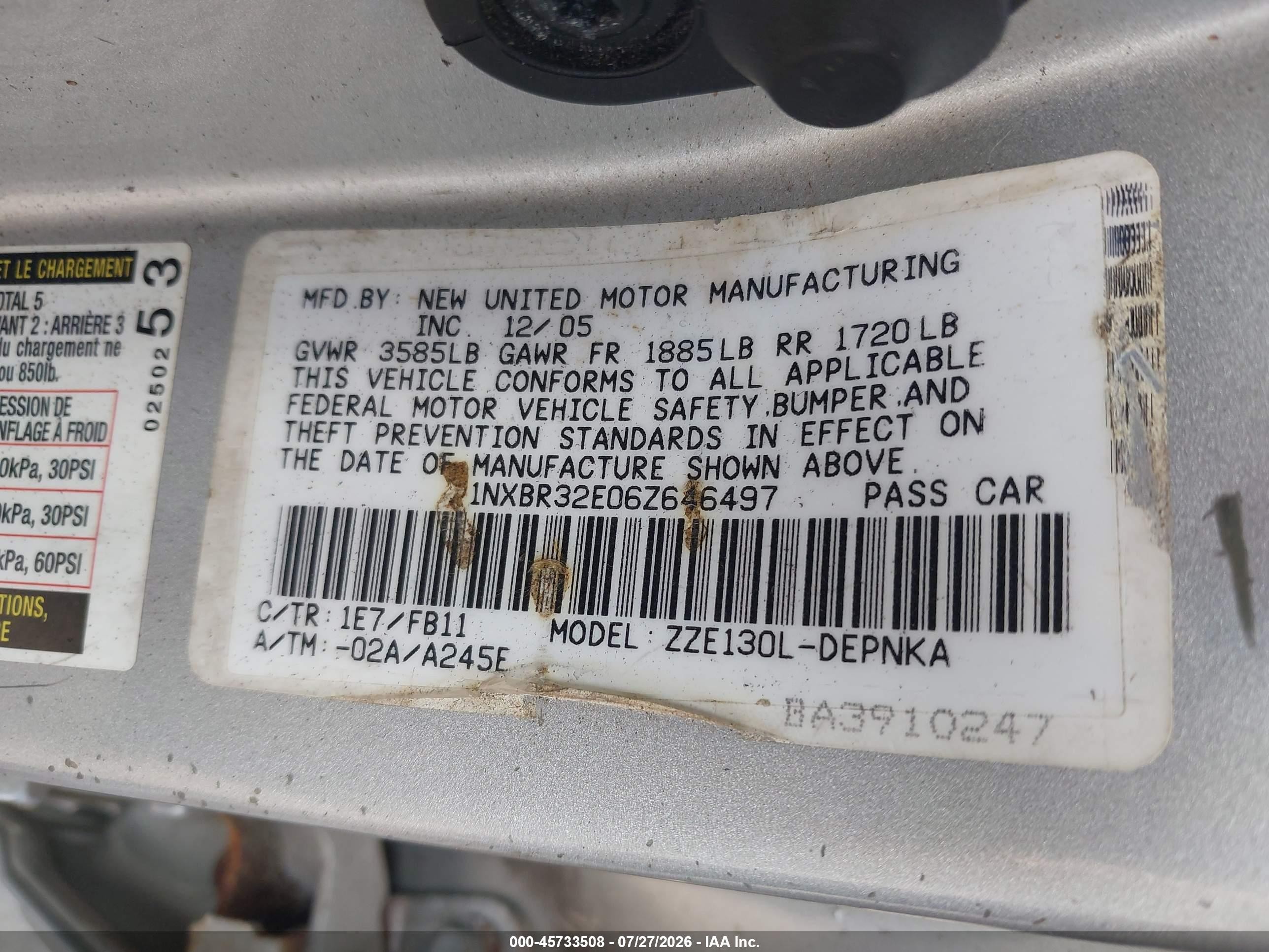 2006 Toyota Corolla Le Gray vin: 1NXBR32E06Z646497