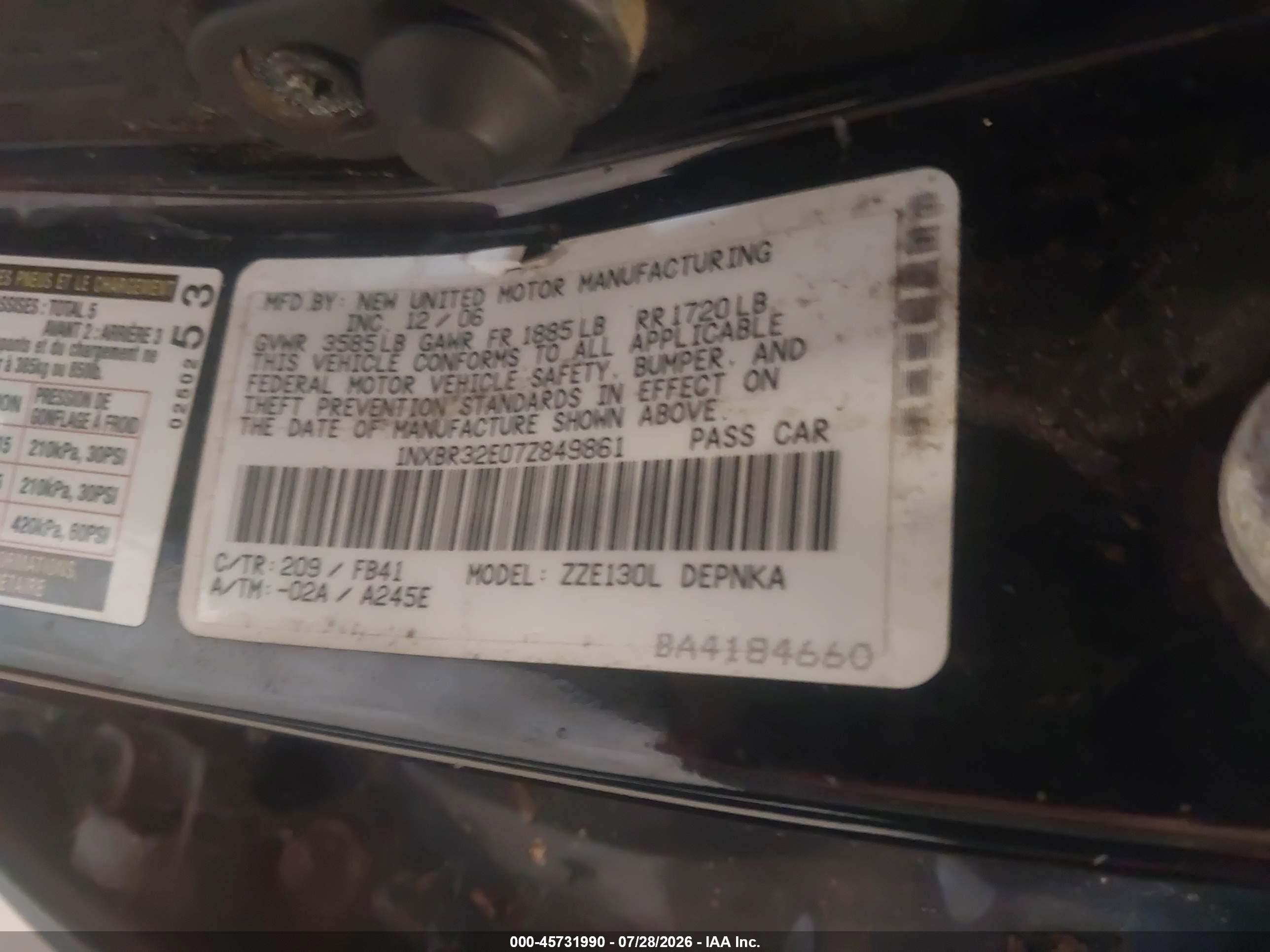 2007 Toyota Corolla Le Black vin: 1NXBR32E07Z849861