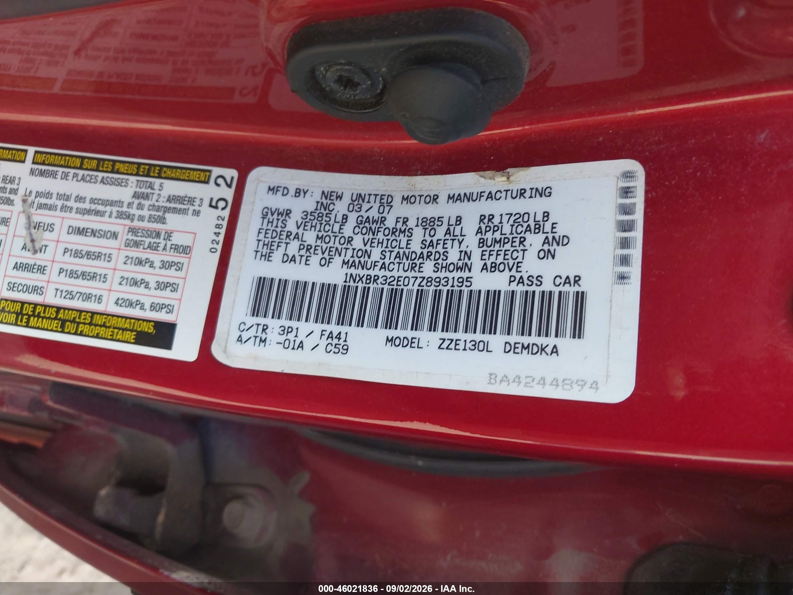 2007 Toyota Corolla Ce Maroon vin: 1NXBR32E07Z893195