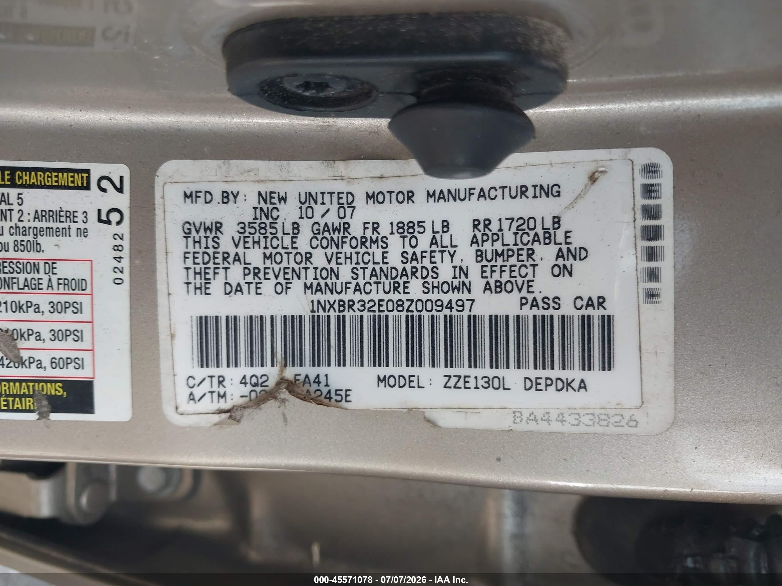 2008 Toyota Corolla Ce Gold vin: 1NXBR32E08Z009497