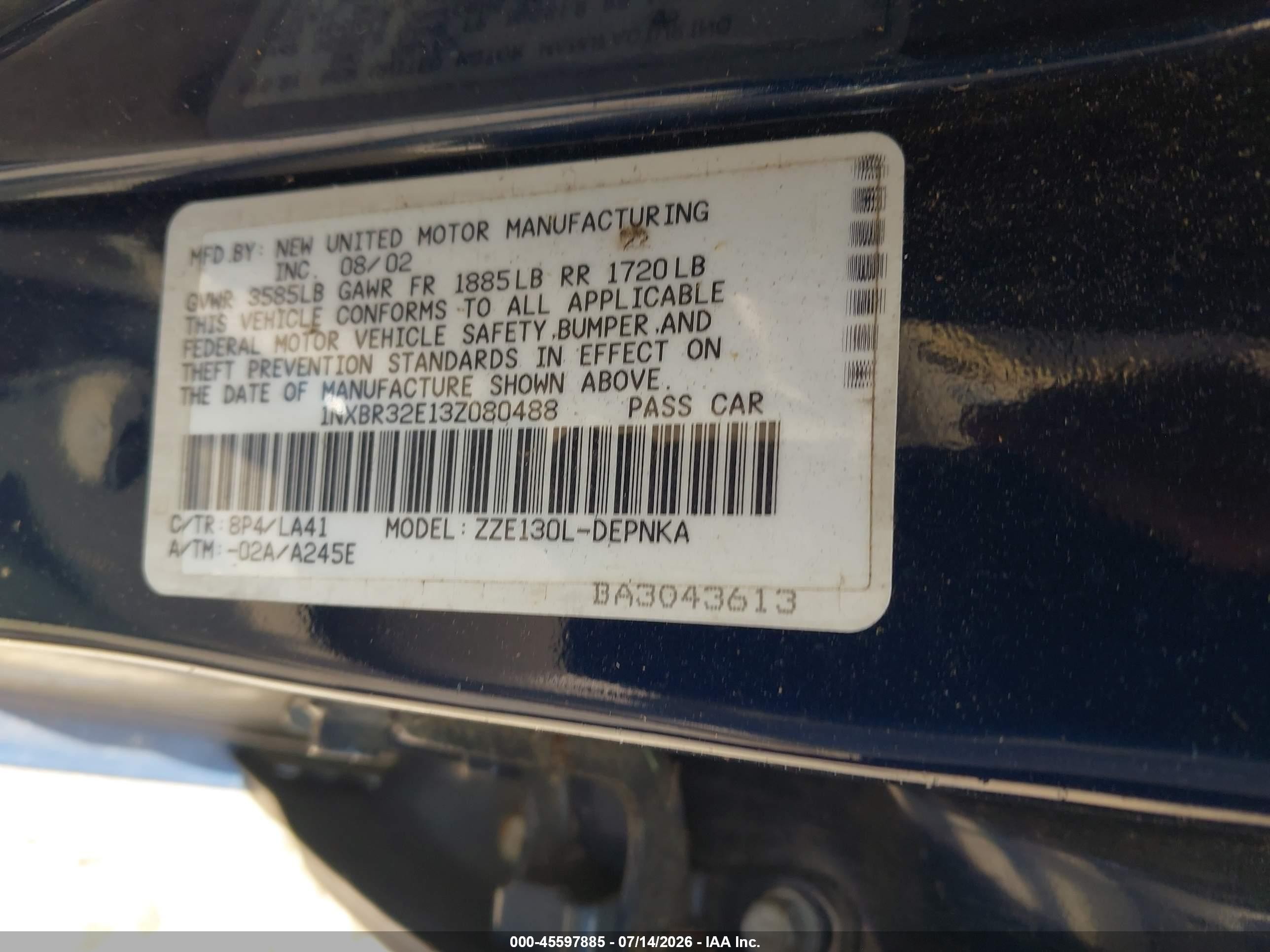 2003 Toyota Corolla Le Blue vin: 1NXBR32E13Z080488