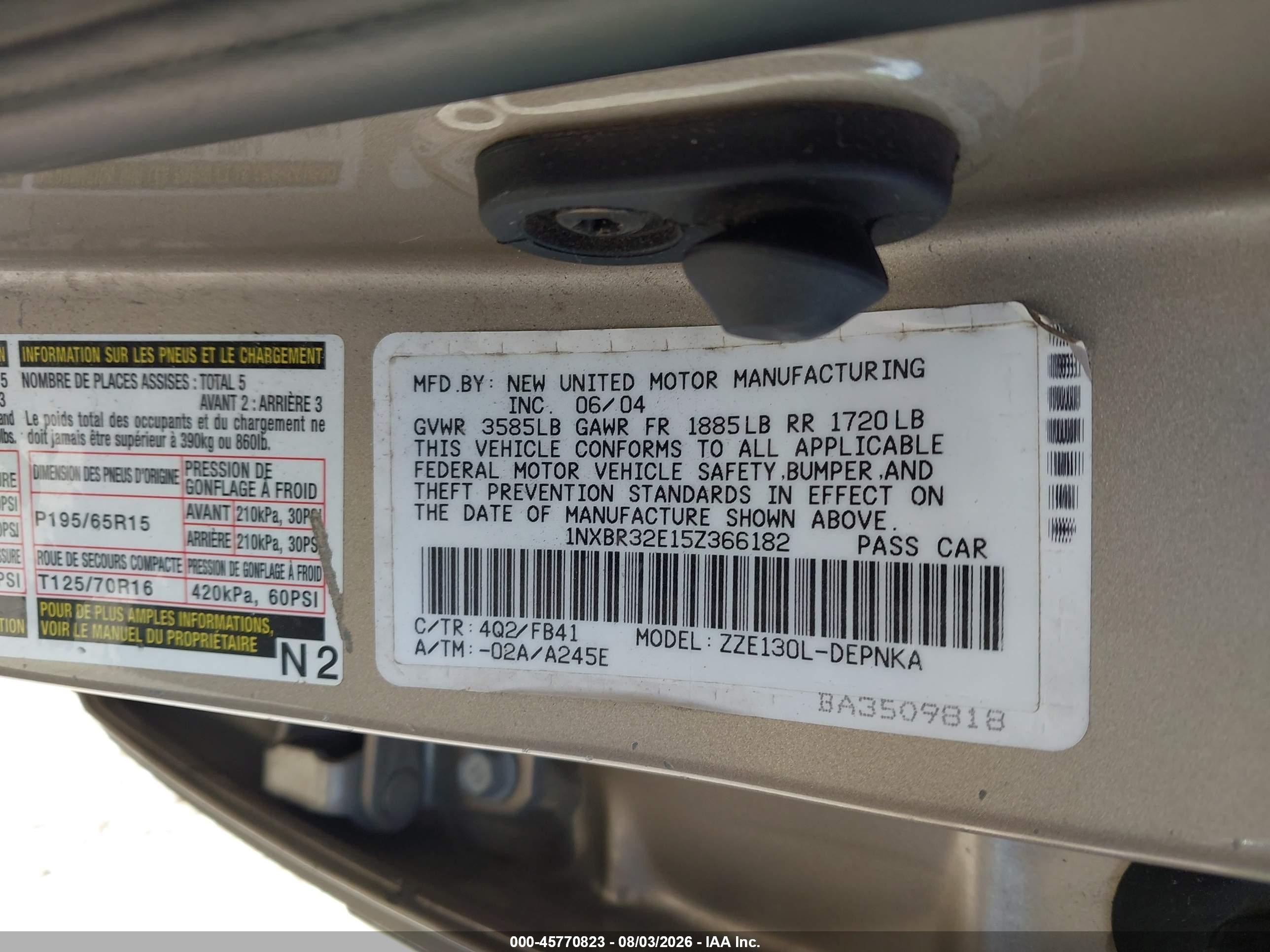 2005 Toyota Corolla Le Gold vin: 1NXBR32E15Z366182