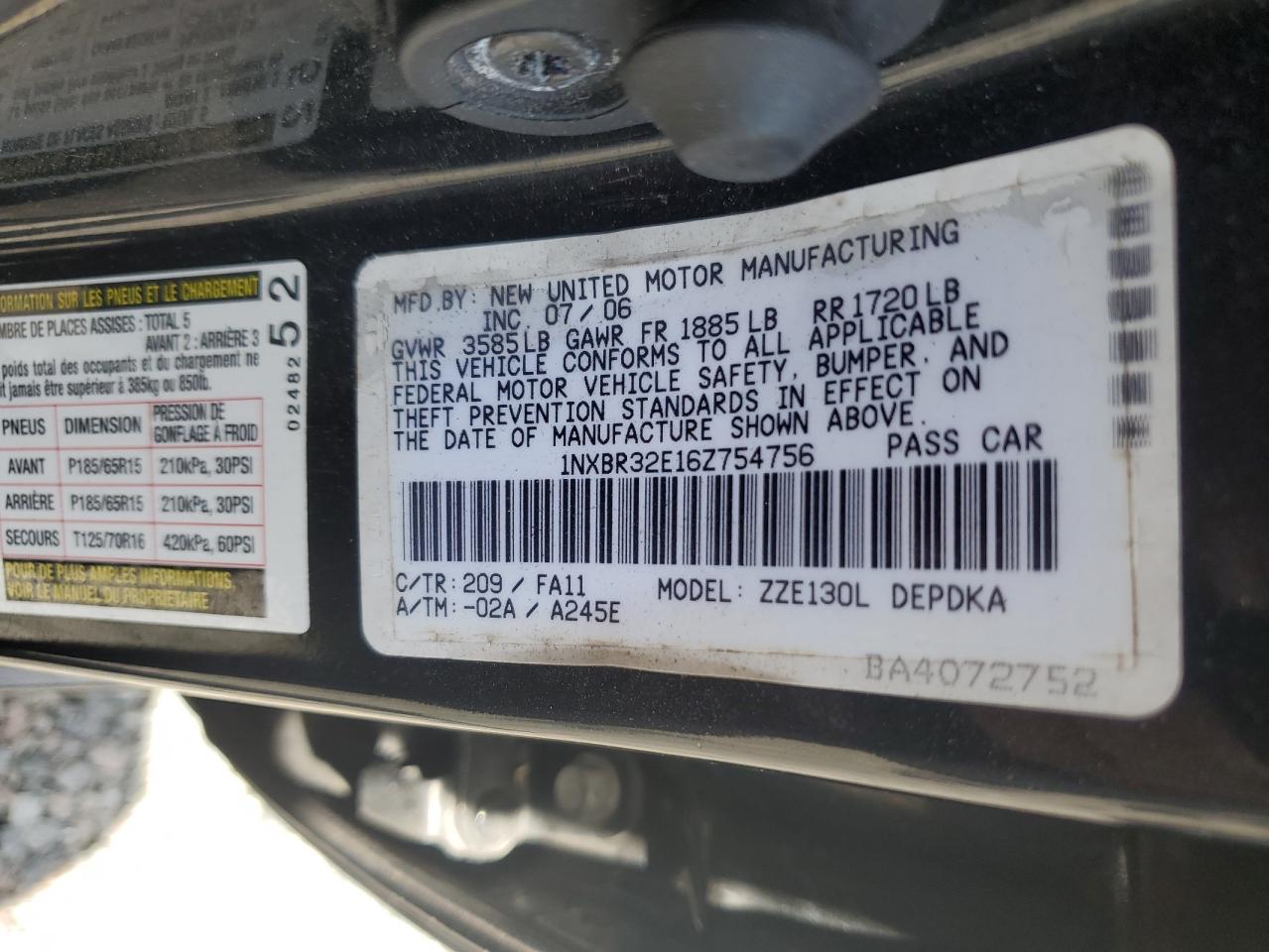 2006 Toyota Corolla Ce Black vin: 1NXBR32E16Z754756