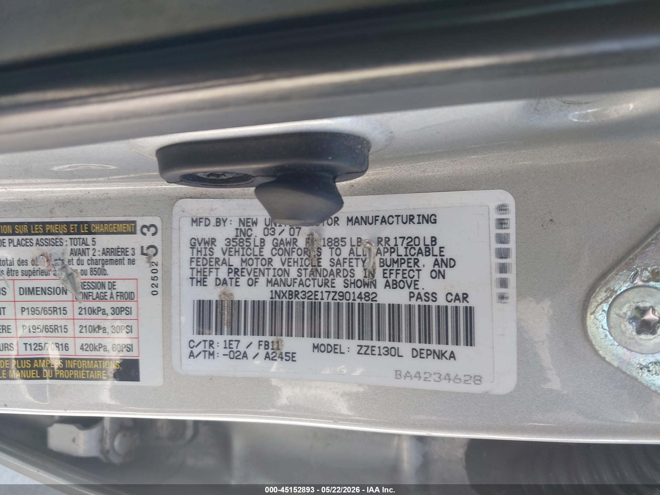 2007 Toyota Corolla Le Gray vin: 1NXBR32E17Z901482