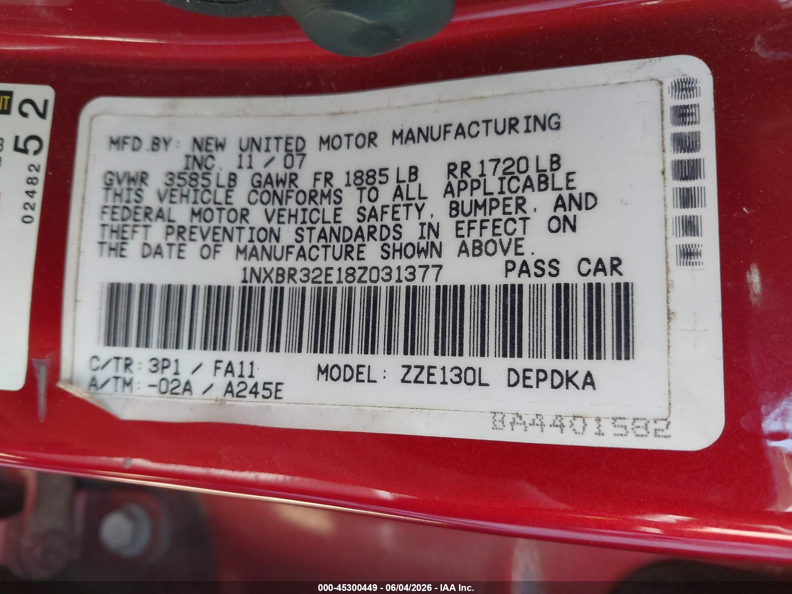 2008 Toyota Corolla Ce Red vin: 1NXBR32E18Z031377