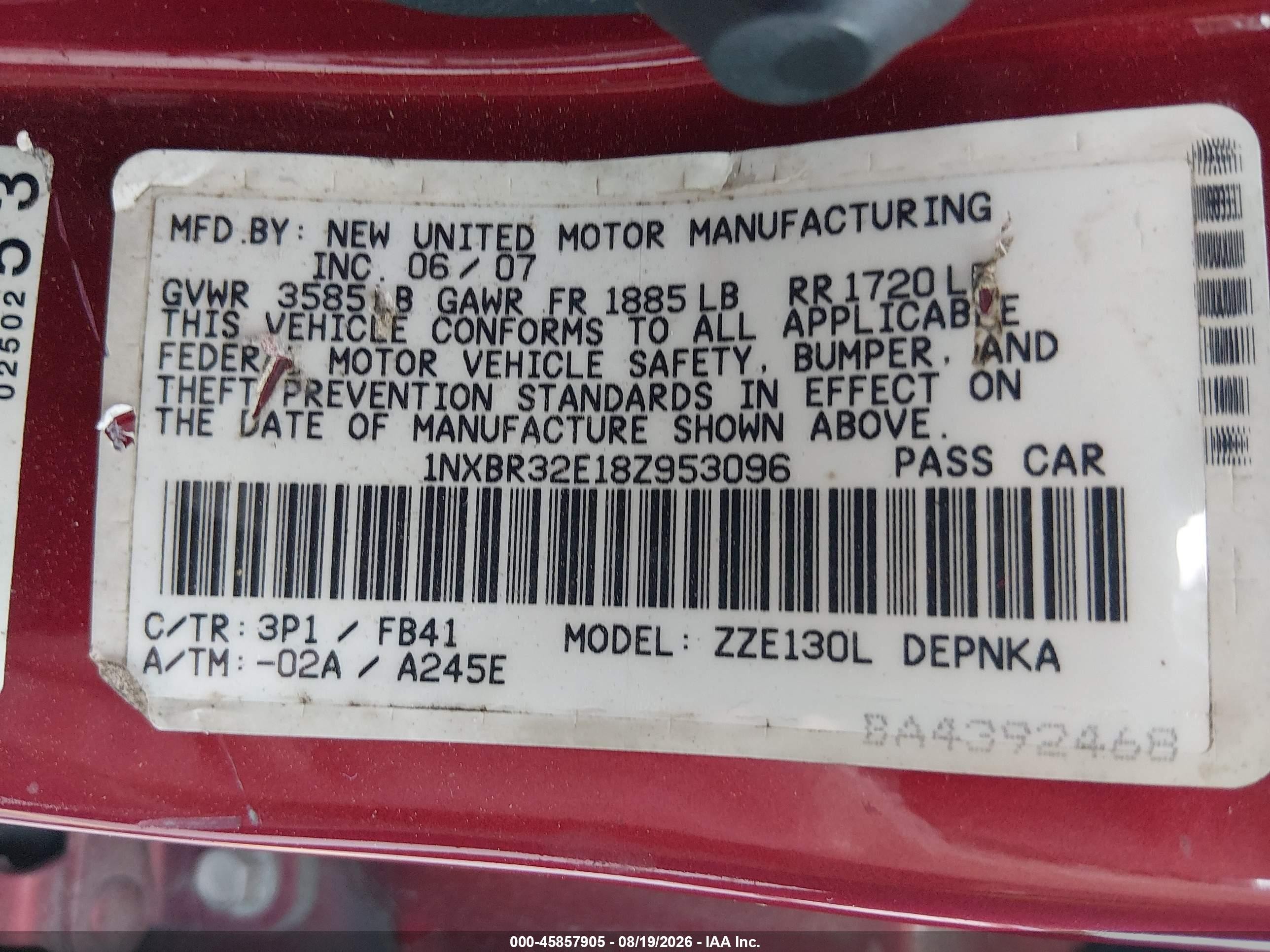 2008 Toyota Corolla Le Red vin: 1NXBR32E18Z953096