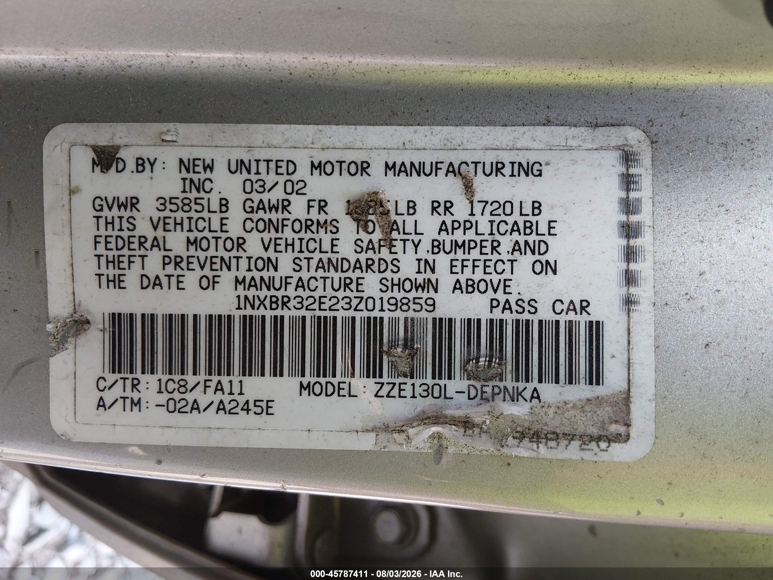 2003 Toyota Corolla Le Silver vin: 1NXBR32E23Z019859