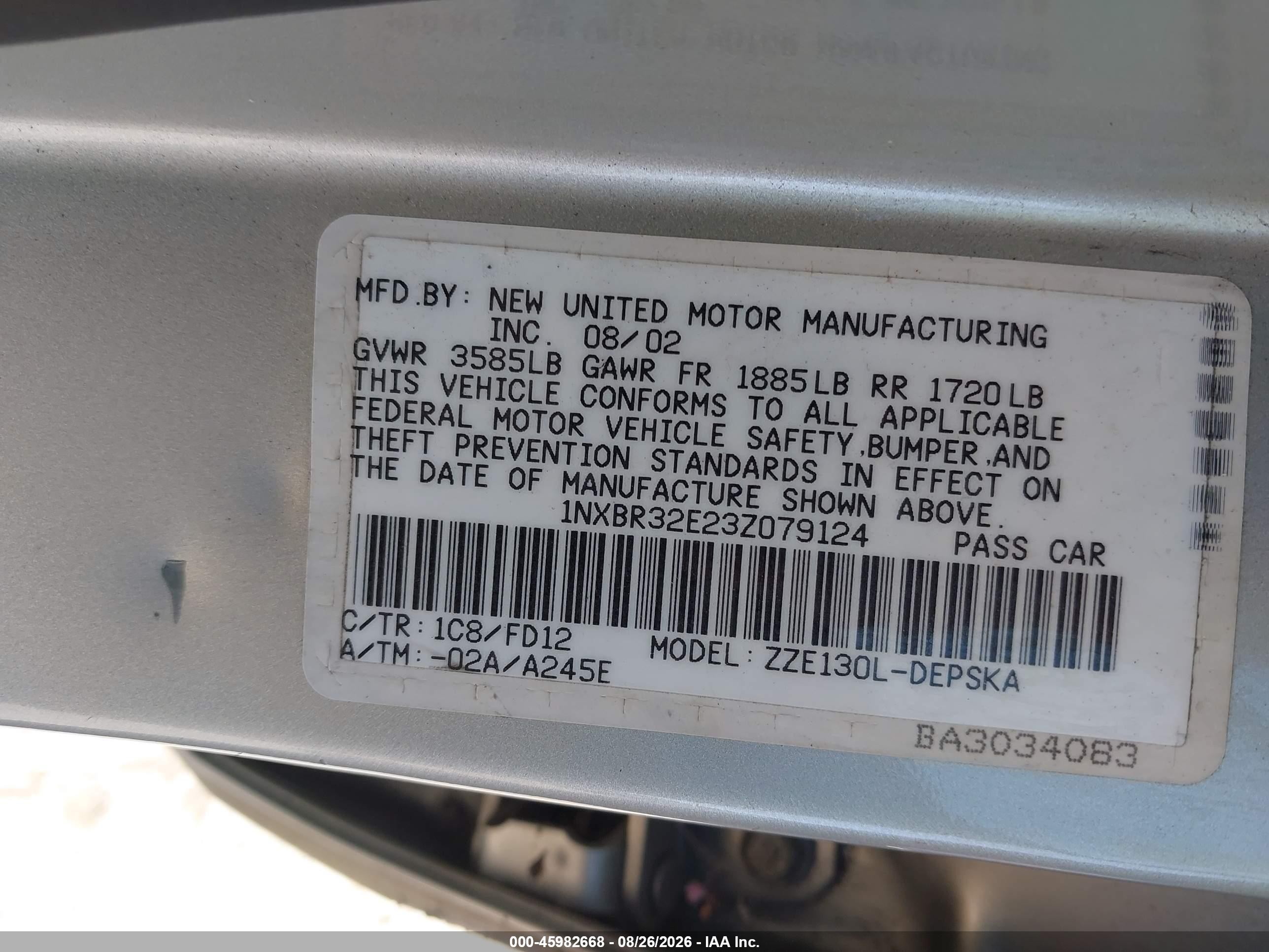 2003 Toyota Corolla S Silver vin: 1NXBR32E23Z079124