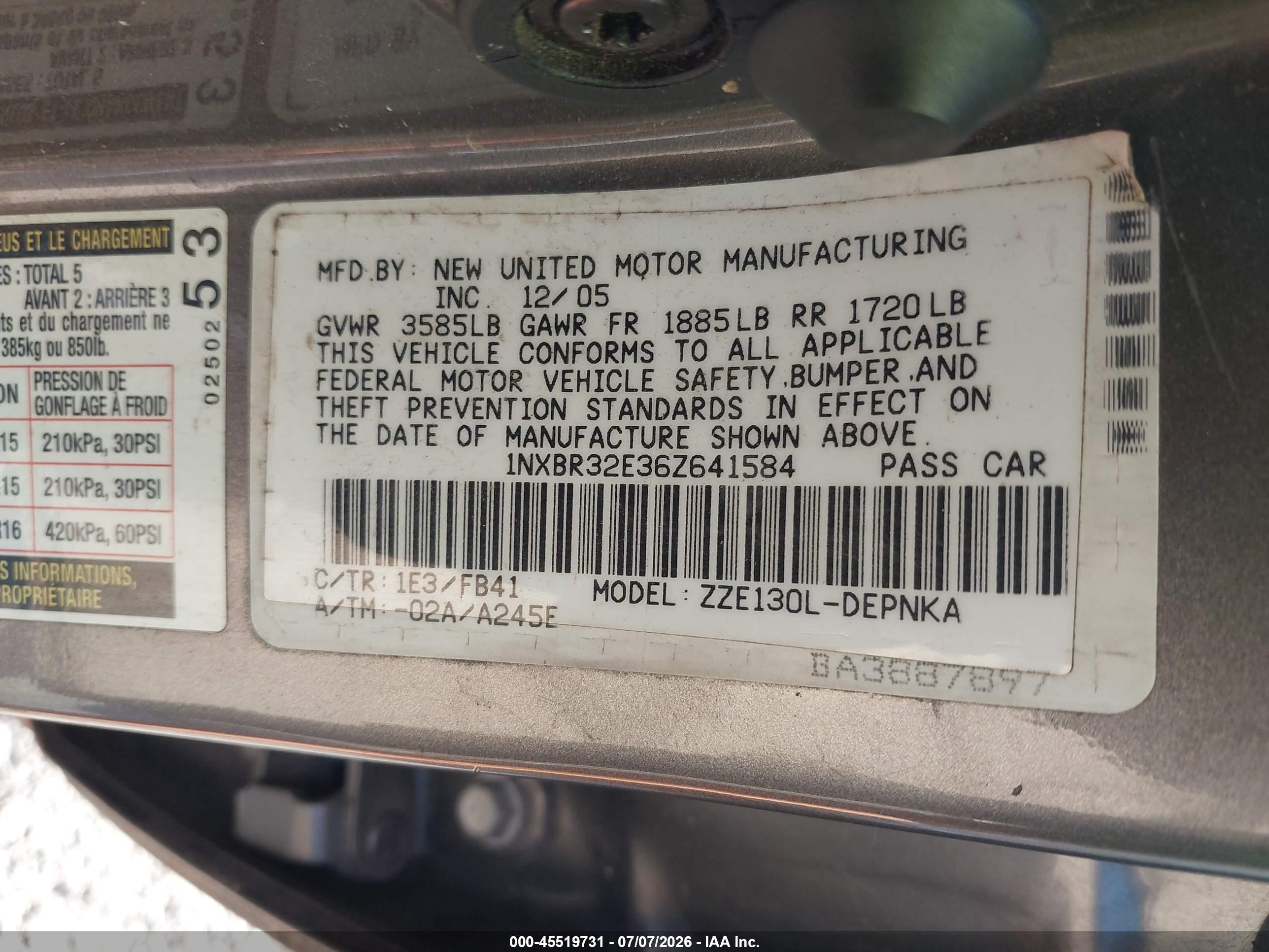 2006 Toyota Corolla Le Gray vin: 1NXBR32E36Z641584