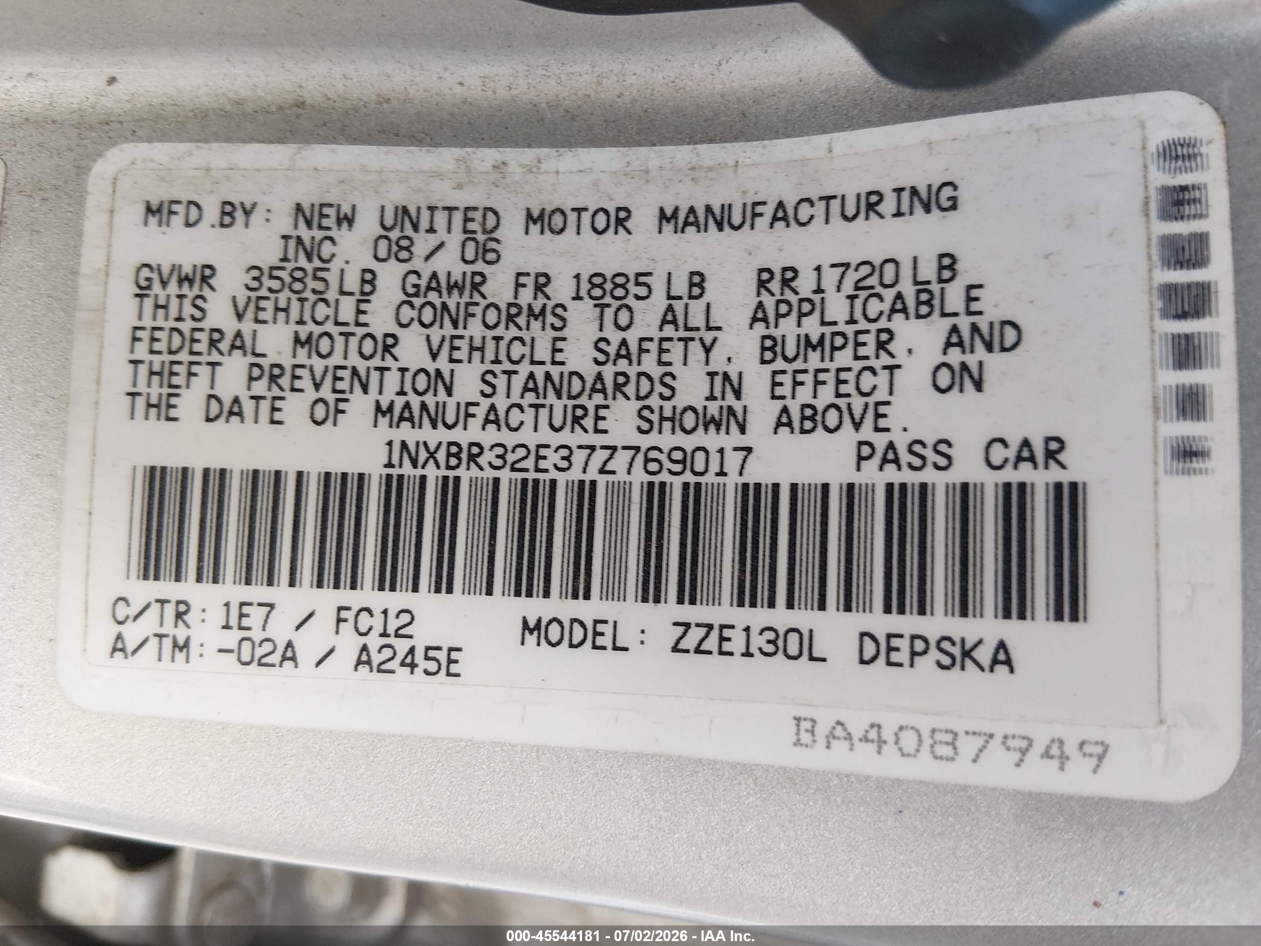 2007 Toyota Corolla S Silver vin: 1NXBR32E37Z769017