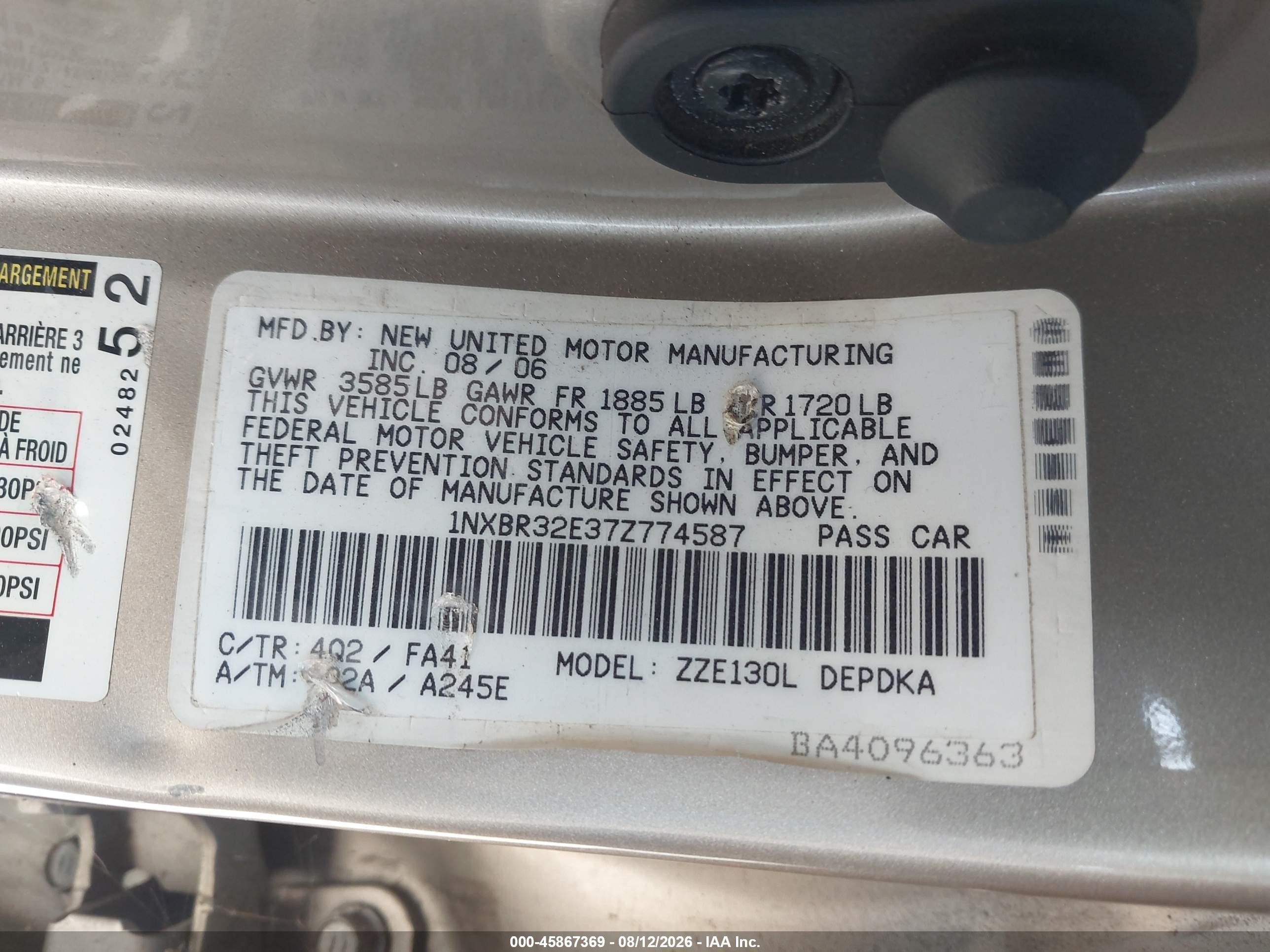 2007 Toyota Corolla Ce Gold vin: 1NXBR32E37Z774587