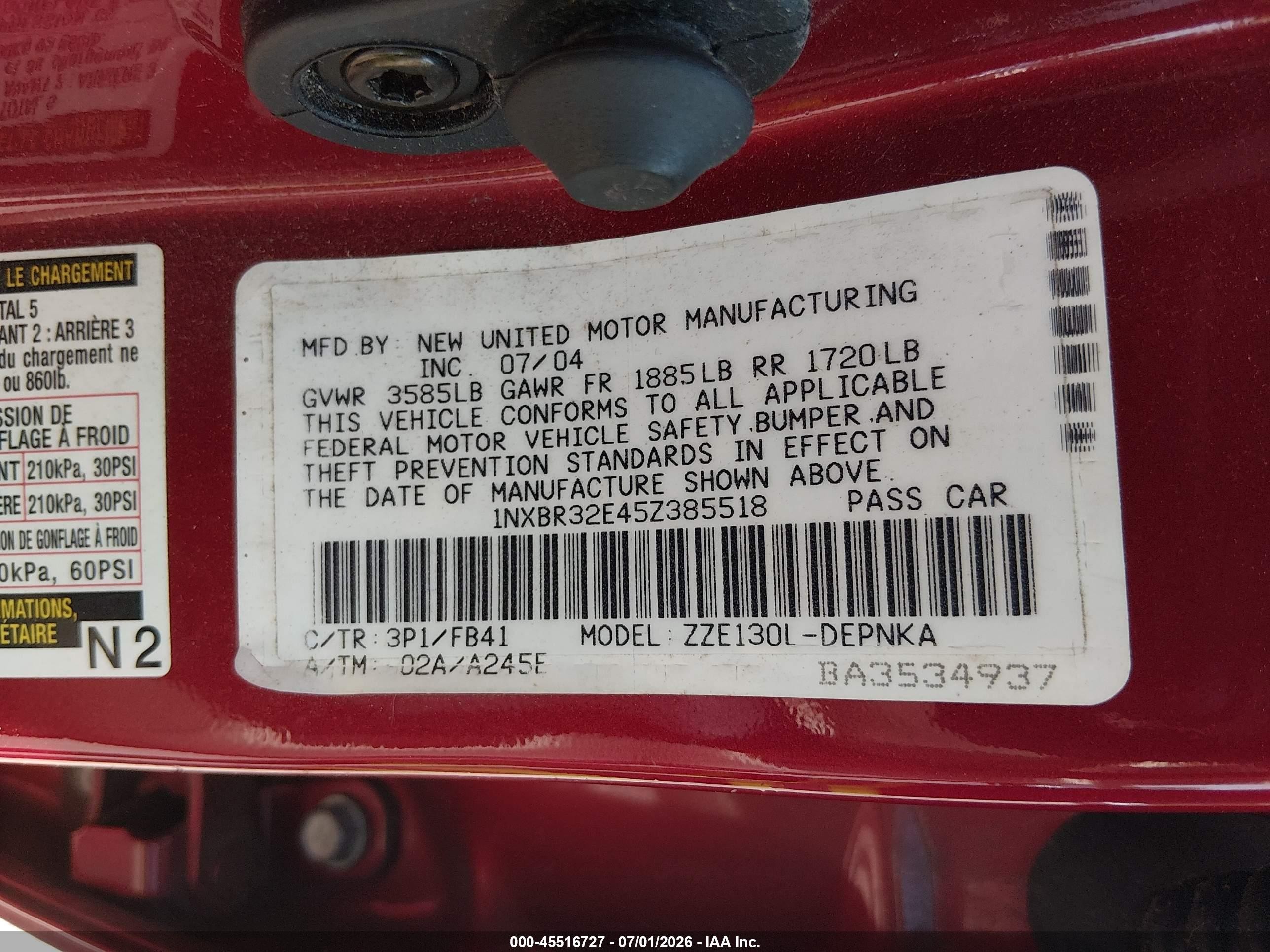 2005 Toyota Corolla Le Red vin: 1NXBR32E45Z385518