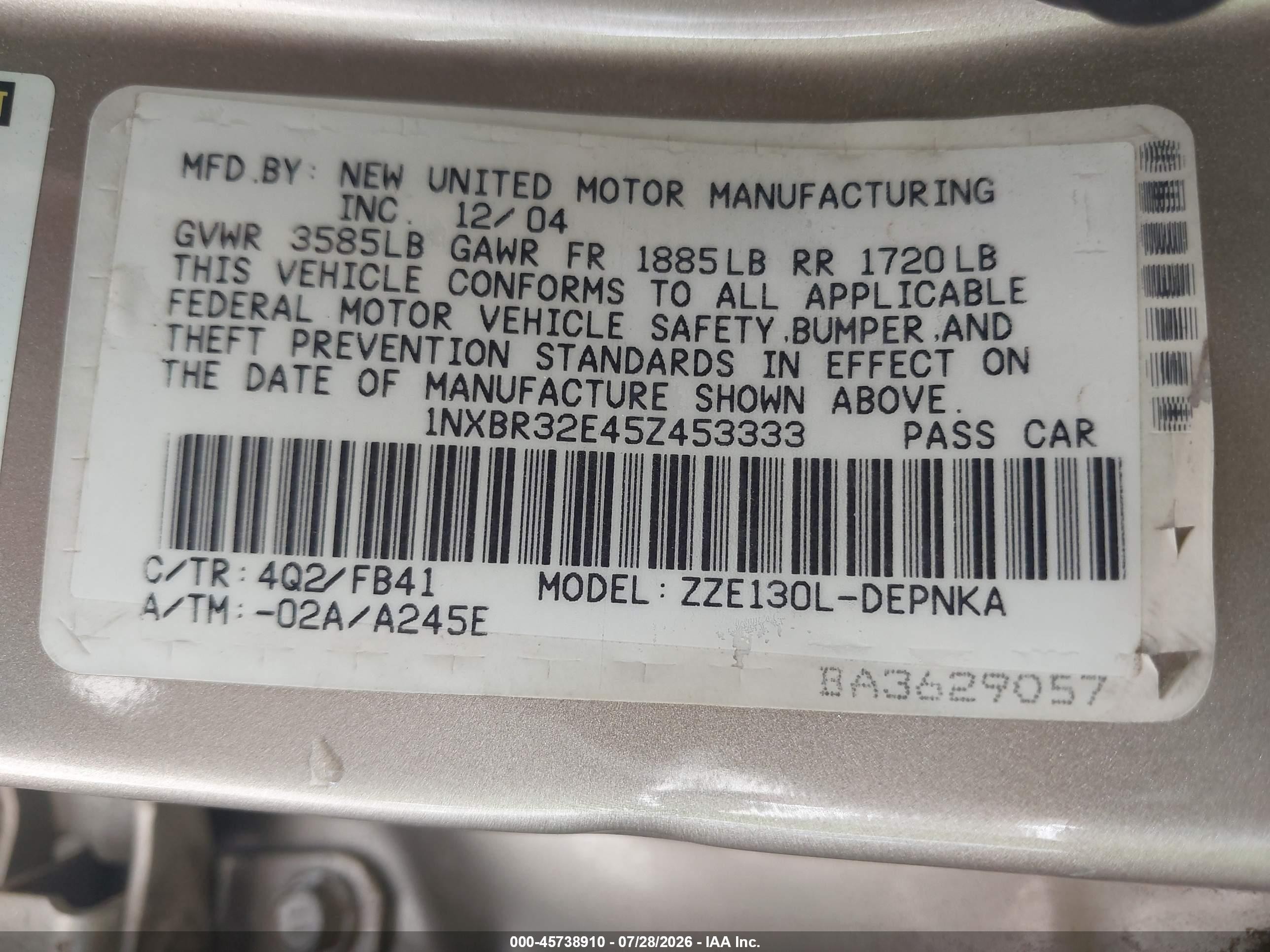 2005 Toyota Corolla Le Champagne vin: 1NXBR32E45Z453333