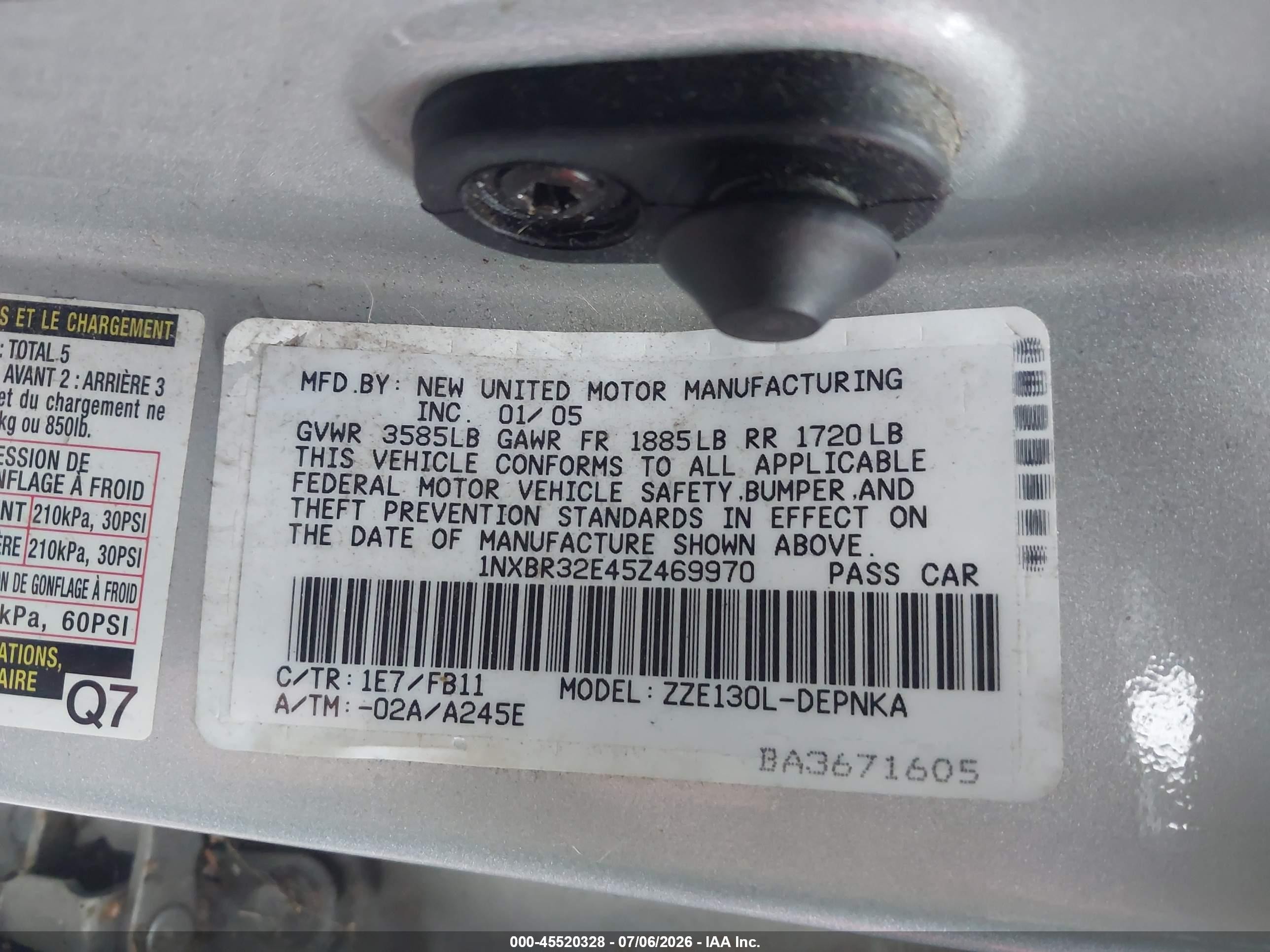 2005 Toyota Corolla Le Silver vin: 1NXBR32E45Z469970