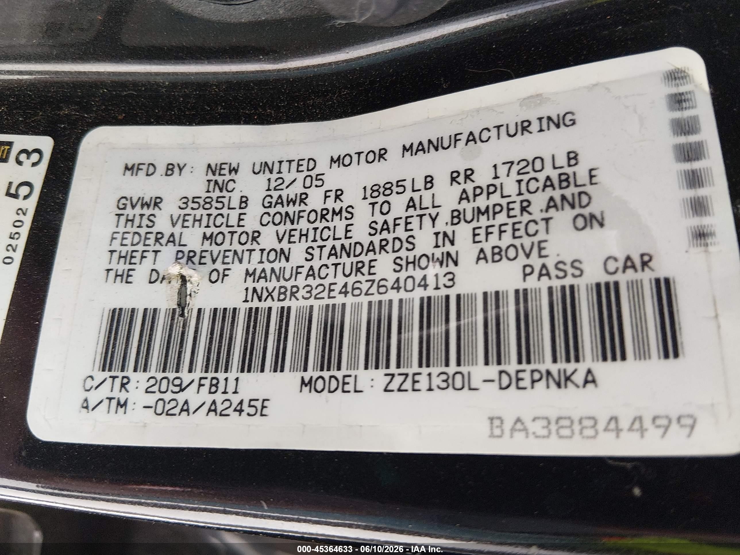 2006 Toyota Corolla Le Black vin: 1NXBR32E46Z640413