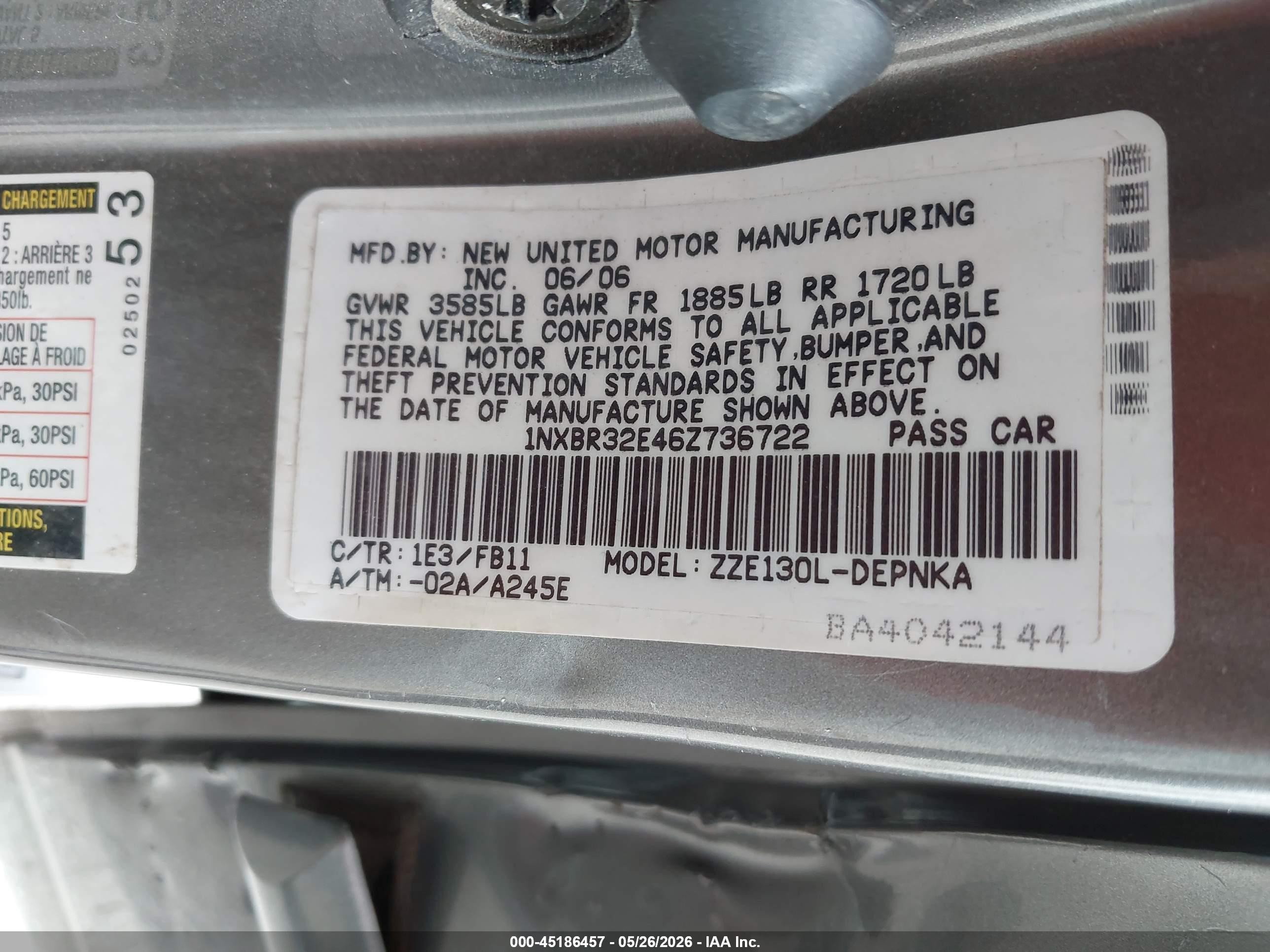 2006 Toyota Corolla Le Brown vin: 1NXBR32E46Z736722