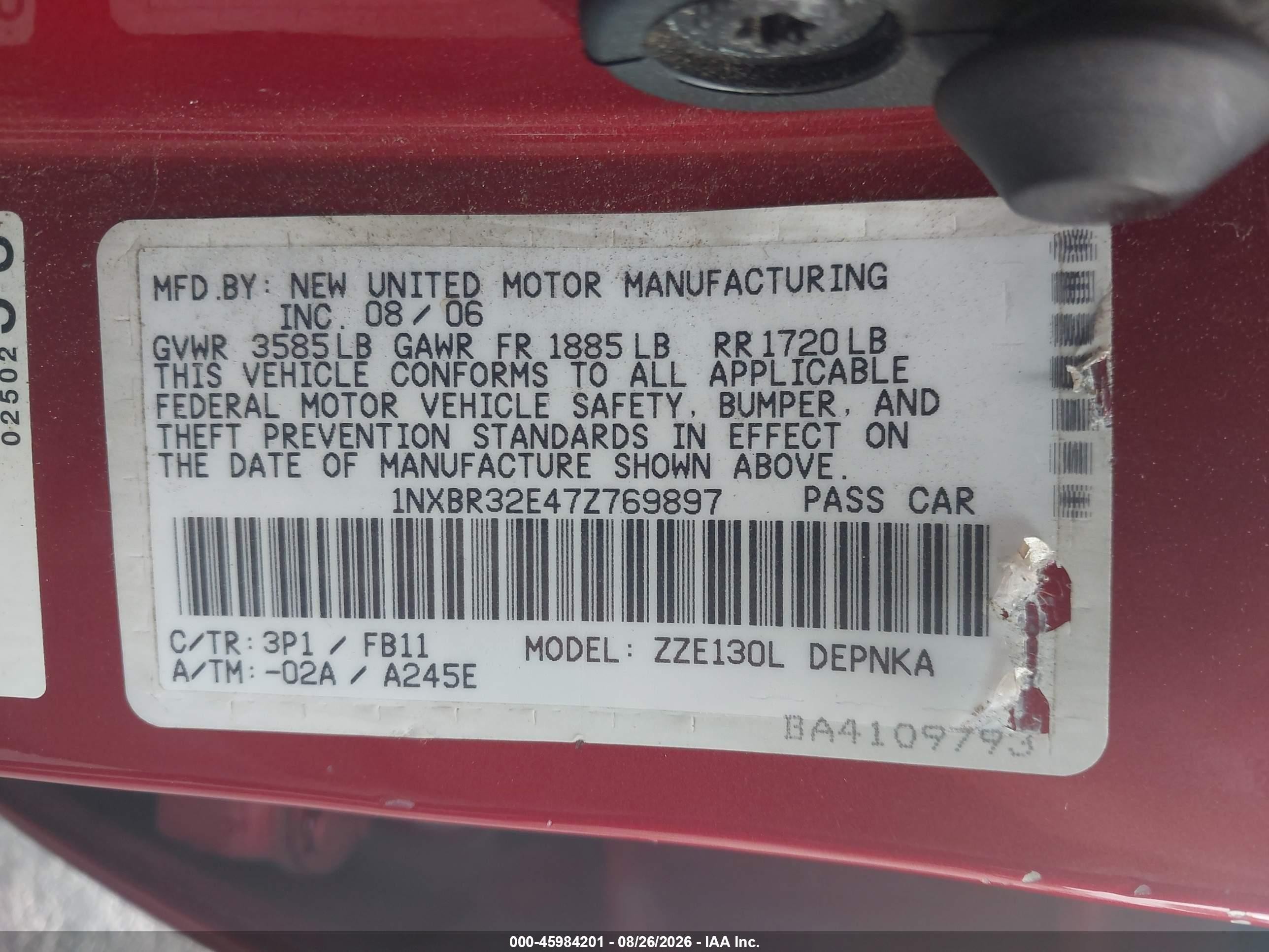 2007 Toyota Corolla Le Red vin: 1NXBR32E47Z769897
