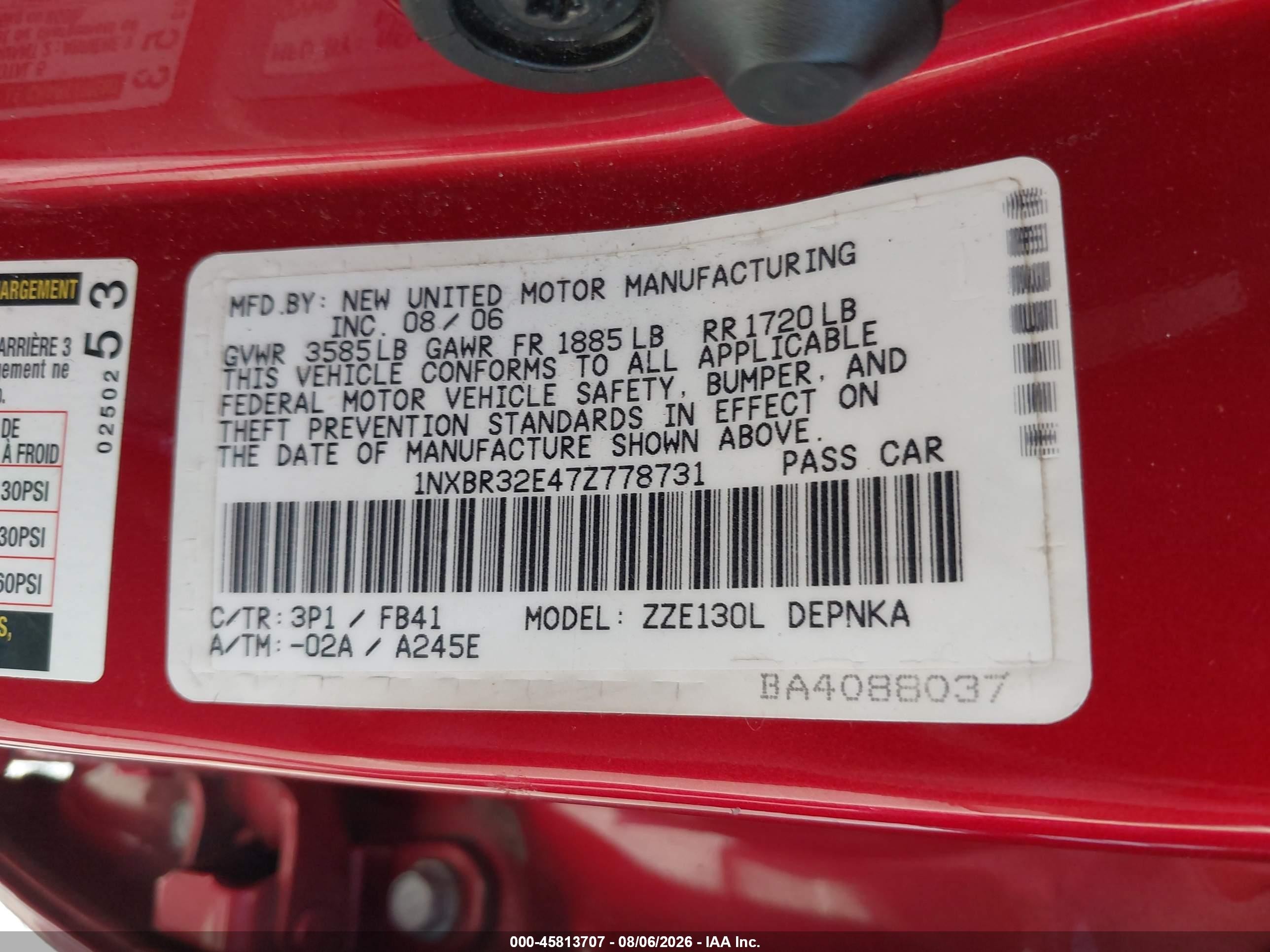 2007 Toyota Corolla Le Red vin: 1NXBR32E47Z778731