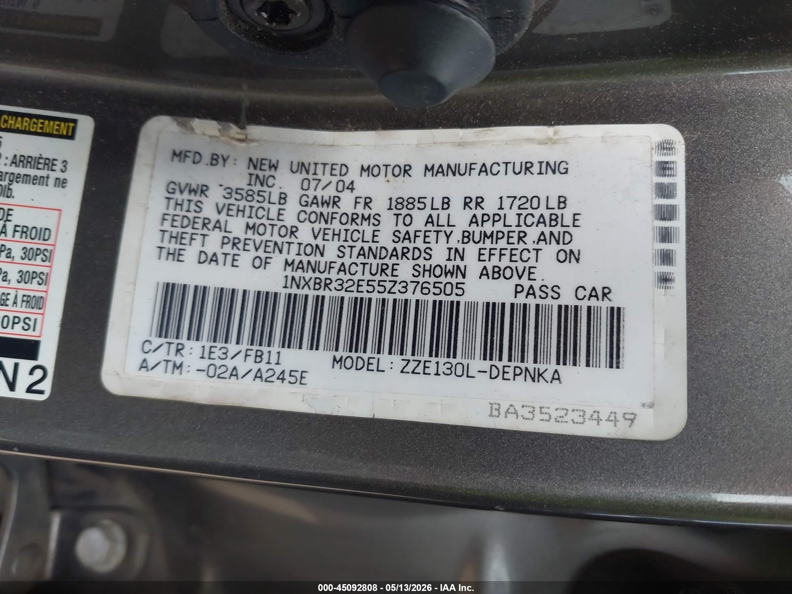2005 Toyota Corolla Le Gray vin: 1NXBR32E55Z376505